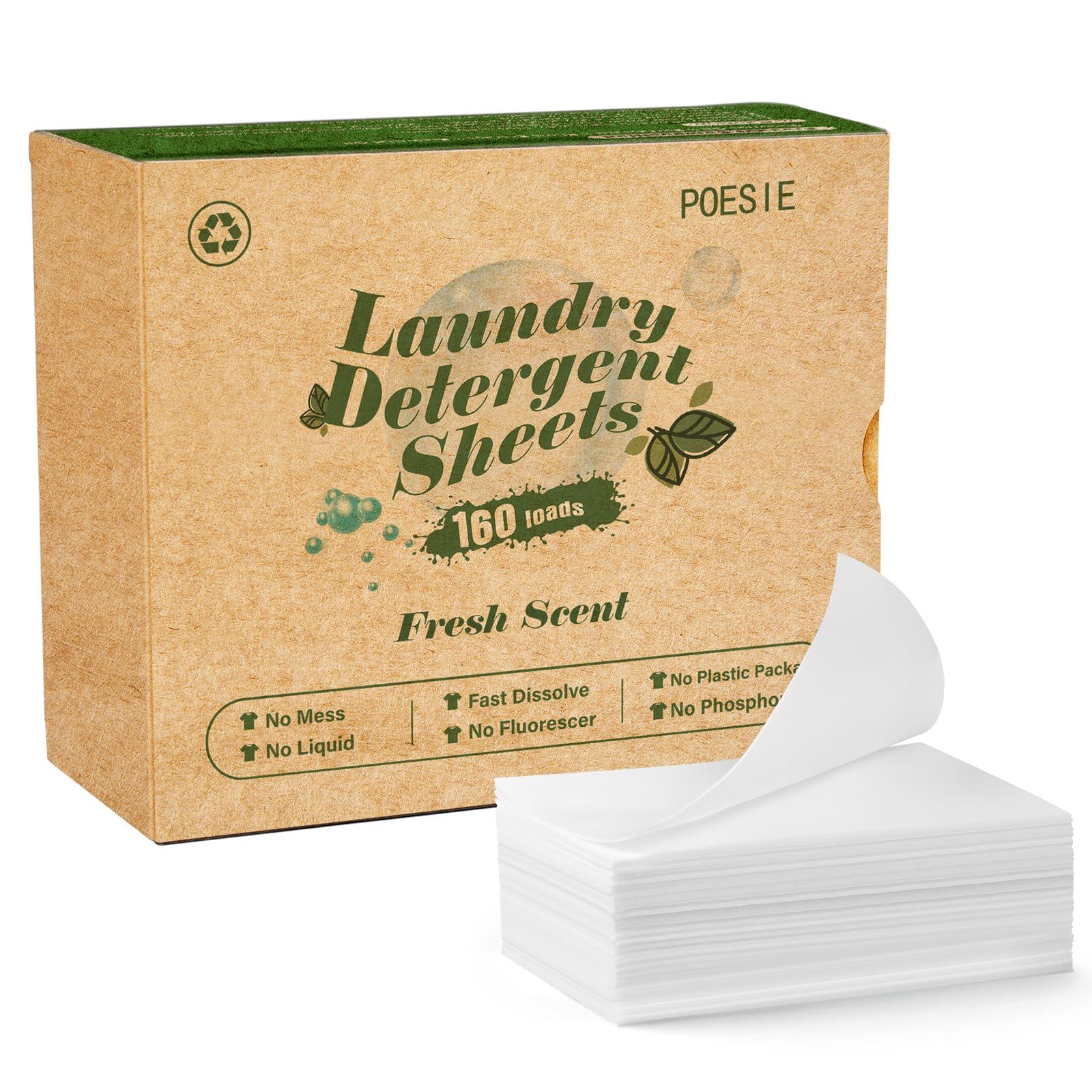 Poesie Laundry Detergent Sheet Fresh Scent 160 Sheets Clear Plastic-Free Hypoallergenic Liquid Less Strips for Home Dorm Travel Camping & Hand Washing Clean No Waste
