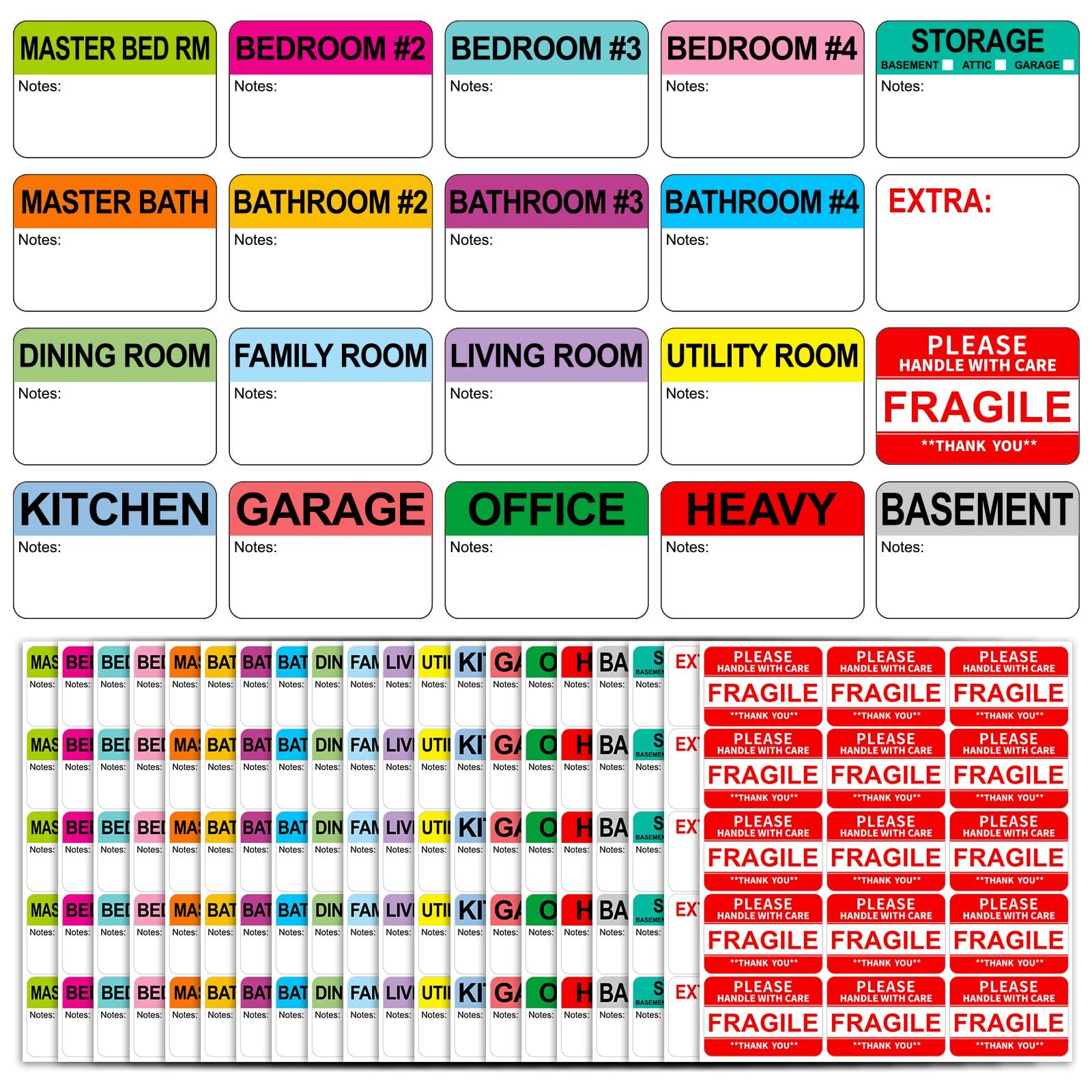 Labelebal 600 Writable Labels - 2' x 3', 20 Color-Coded Home Moving Packing Labels with Fragile, Extra, Heavy Options