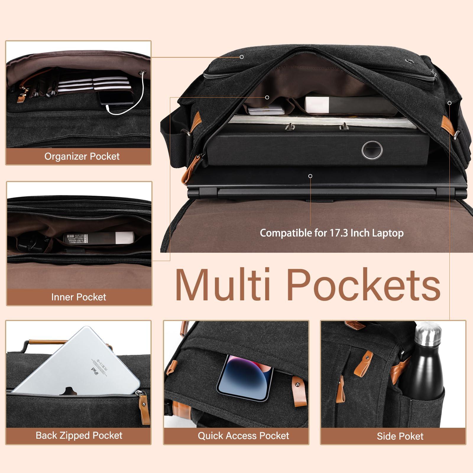 ESTARER Mens Messenger Bag 17-17.3 Inch Laptop Bag Water-resistant Canvas, College/Work/Travel Computer Shoulder Bag with Pencil Case Pouch, Dark Grey - Image 4