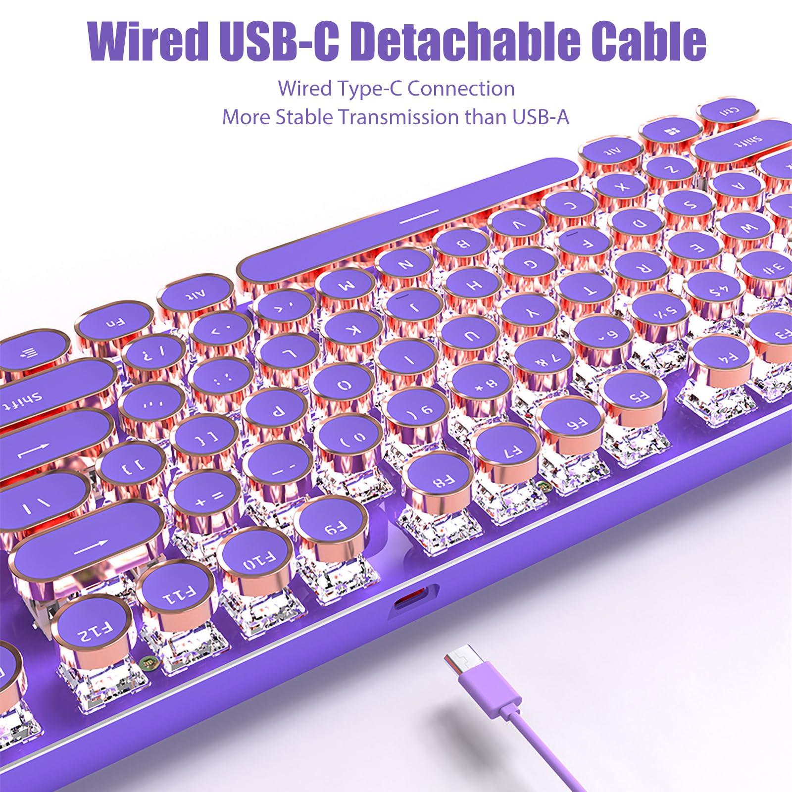 TISHLED Typewriter Style Mechanical Gaming Keyboard White LED Backlit 104-Key NKRO Pink Switches Retro Round Keycaps Golden Ring Volume Knob Metal Panel Wired USB-C Detachable Cable, Purple - Image 6