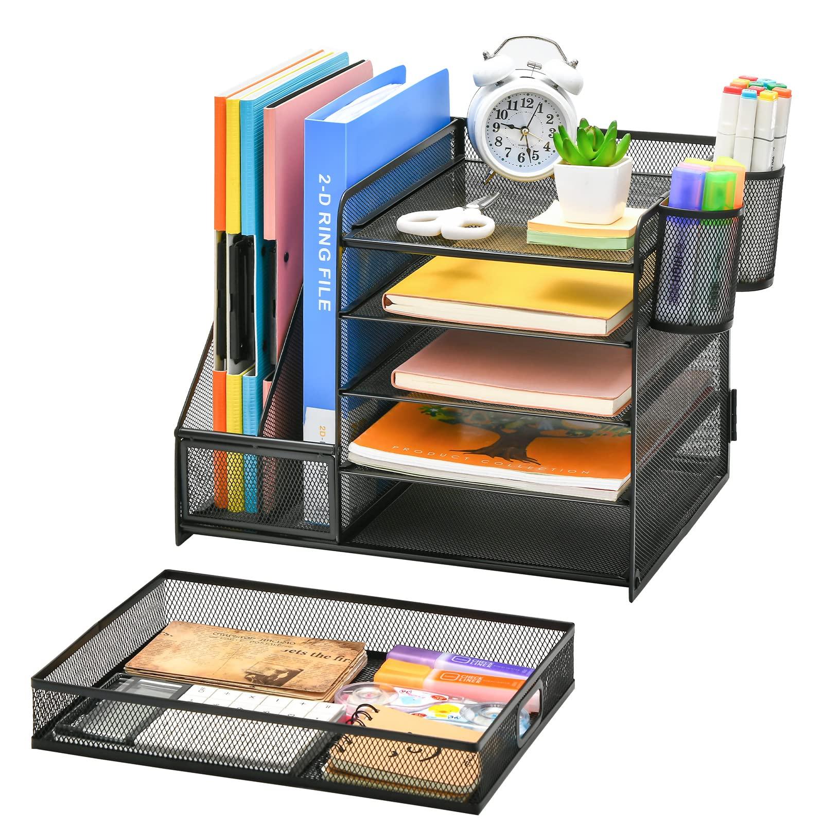 Marbrasse Desk Organizer with File Holder, 5-Tier Paper Letter Tray Organizer with Drawer and 2 Pen Holder, Mesh Desktop Organizer and Storage with Magazine Holder for Office Supplies(Black) - Image 4