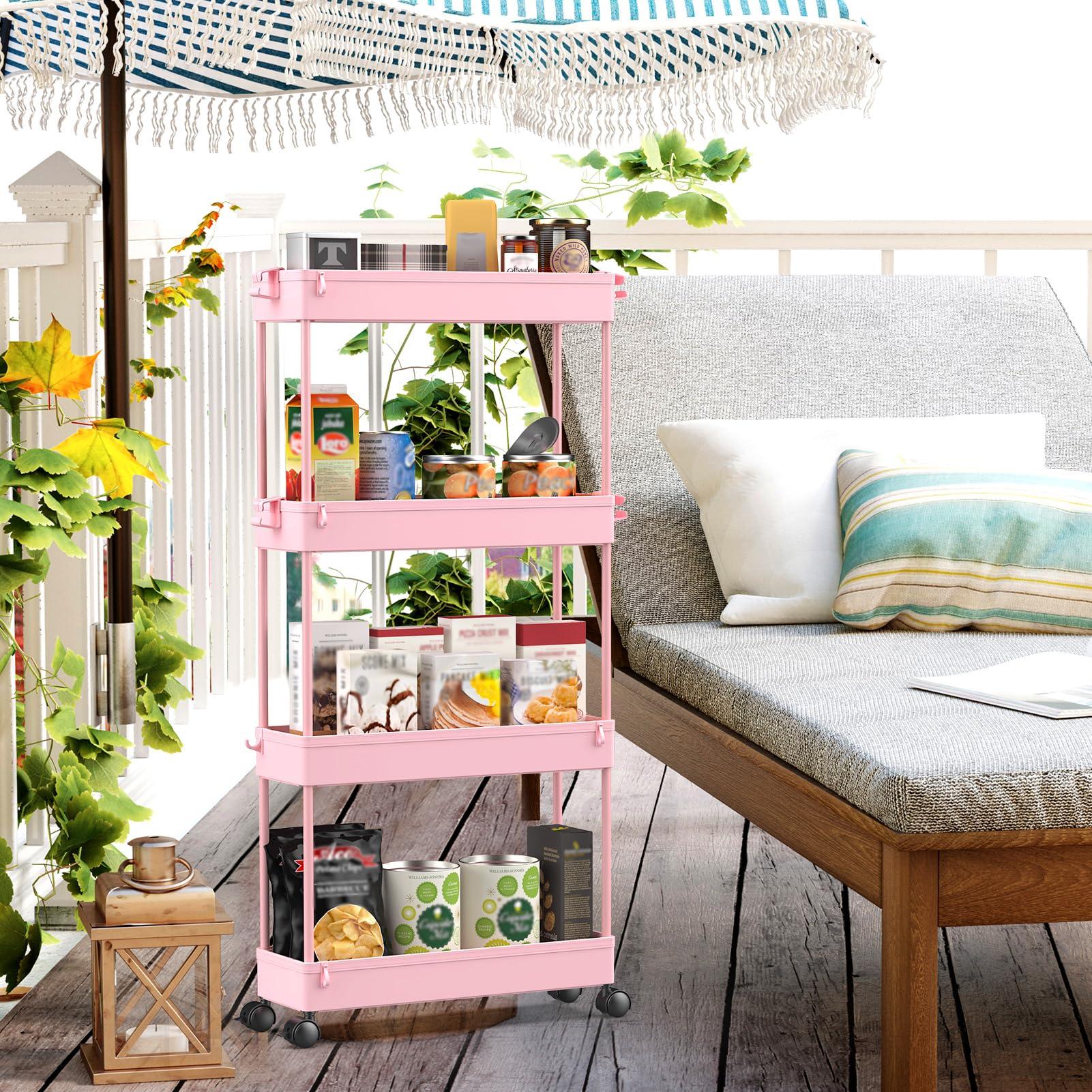 SPACEKEEPER Slim Rolling Storage Cart 4 Tier Bathroom Organizer Utility Cart Mobile Shelving Unit Tower Rack for Kitchen, Laundry Room, Bathroom, Narrow Places, Pink - Image 2