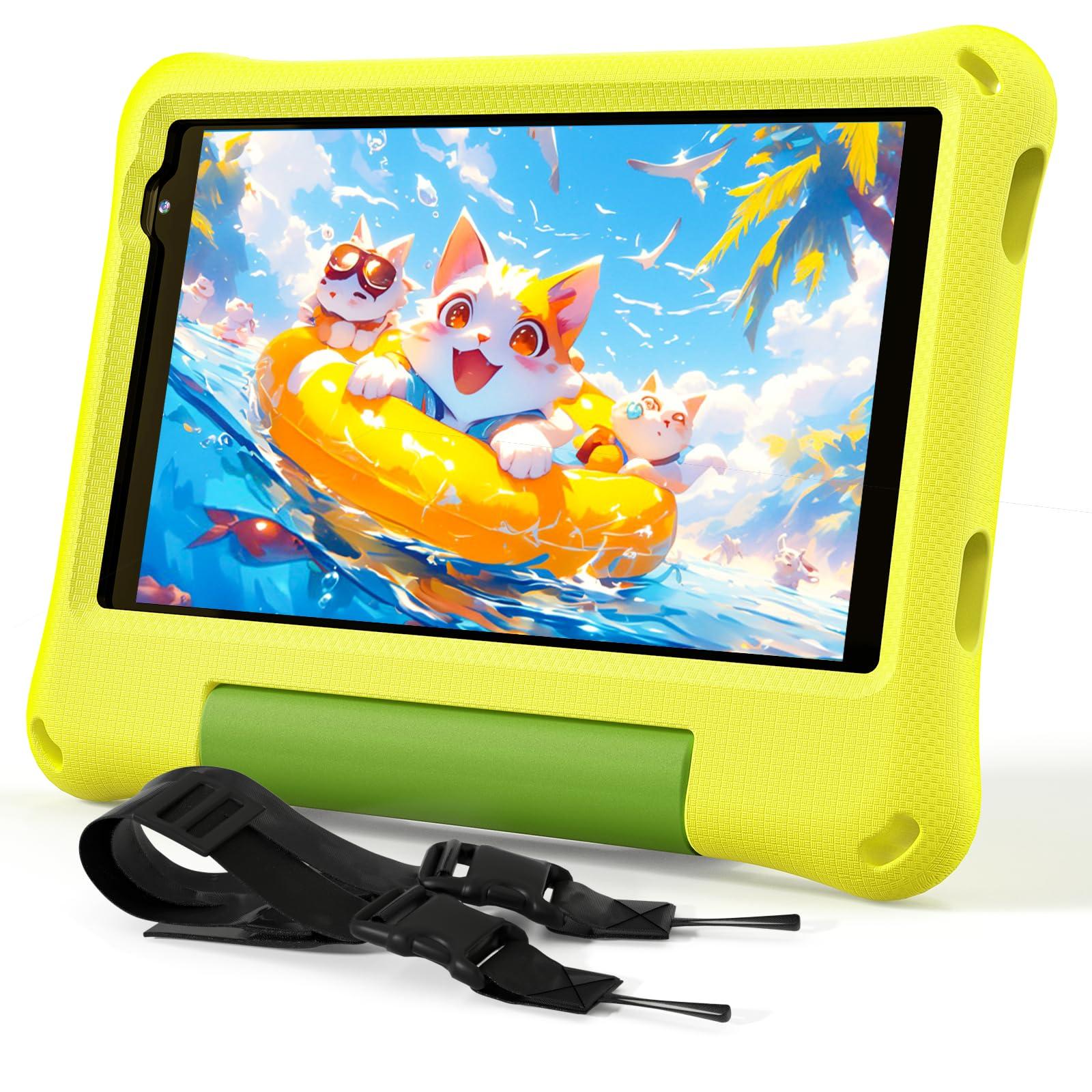 Kids Tablet 8 Inch Android 15, Octa-Core 12GB RAM + 64GB ROM, Toddler Tablet with WiFi 6, Parental Control, Pre-Installed Kids Space, EVA Case, Anti-Glare Screen Protector, Adjustable Strap, Yellow