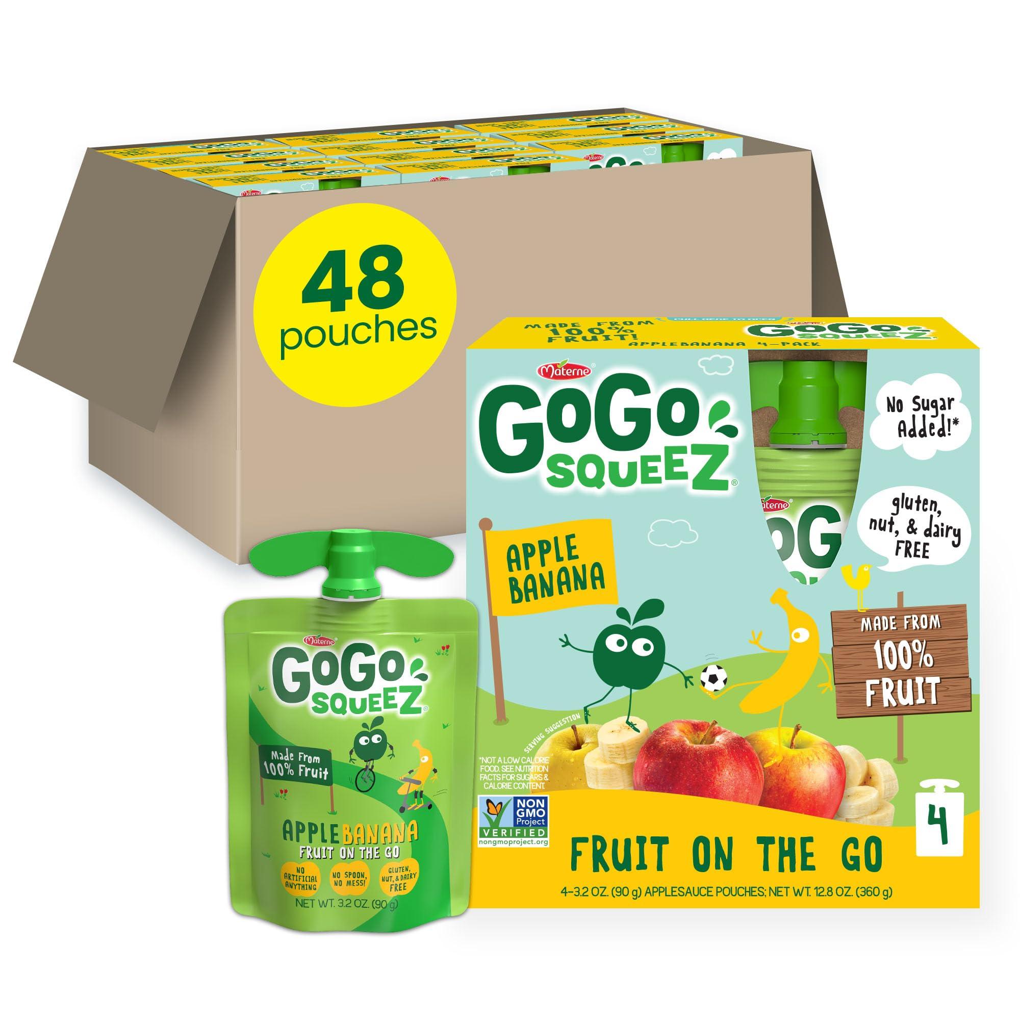 GoGo squeeZ Applesauce and Fruit Puree, Apple Banana, 3.2 oz (Pack of 48), Unsweetened Fruit Snacks for Kids, Gluten Free, Nut Free and Dairy Free, Recloseable Cap, BPA Free Pouches