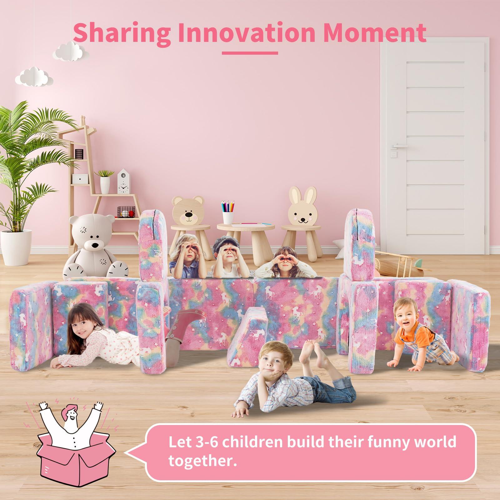 Kids Couch 13PCS, Modular Kids Play Couch for Playroom Bedroom, 13 in 1 Multifunctional Kid Sofa for Playing, Creativing, Sleeping, Indoor Toddler Couches for Boys and Girls (Glowing Unicorn Pink) - Image 7
