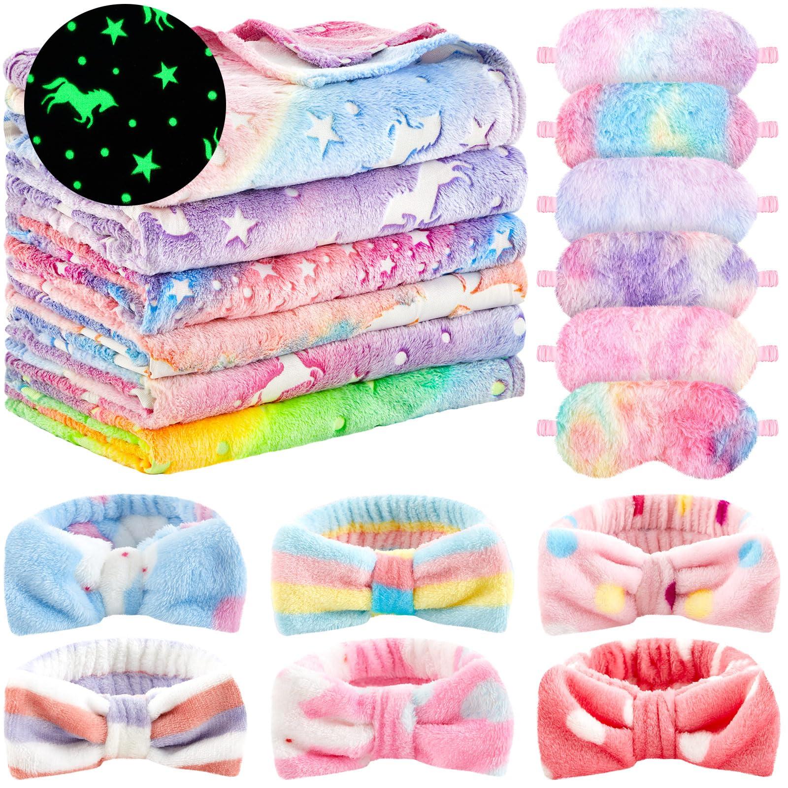 Fanfanwin 18 Pcs Sleepover Party Supplies for Girls, 6 Glow in The Dark Pink Blanket 6 Coral Fleece Spa Headband 6 Plush Eye Mask Covers for Sleeping Slumber Sleepover Spa Party Gift(Cute)