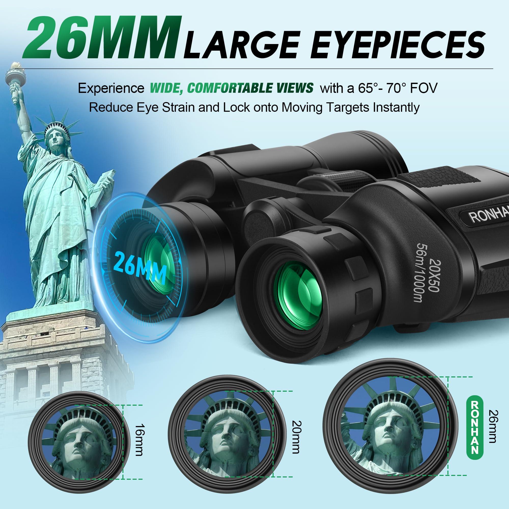 RONHAN Binoculars for Adults High Powered, Military Compact HD Professional/Daily Waterproof 20x50 Binoculars for Bird Watching Travel Hunting Football Games Stargazing with Carrying Case & Strap - Image 3