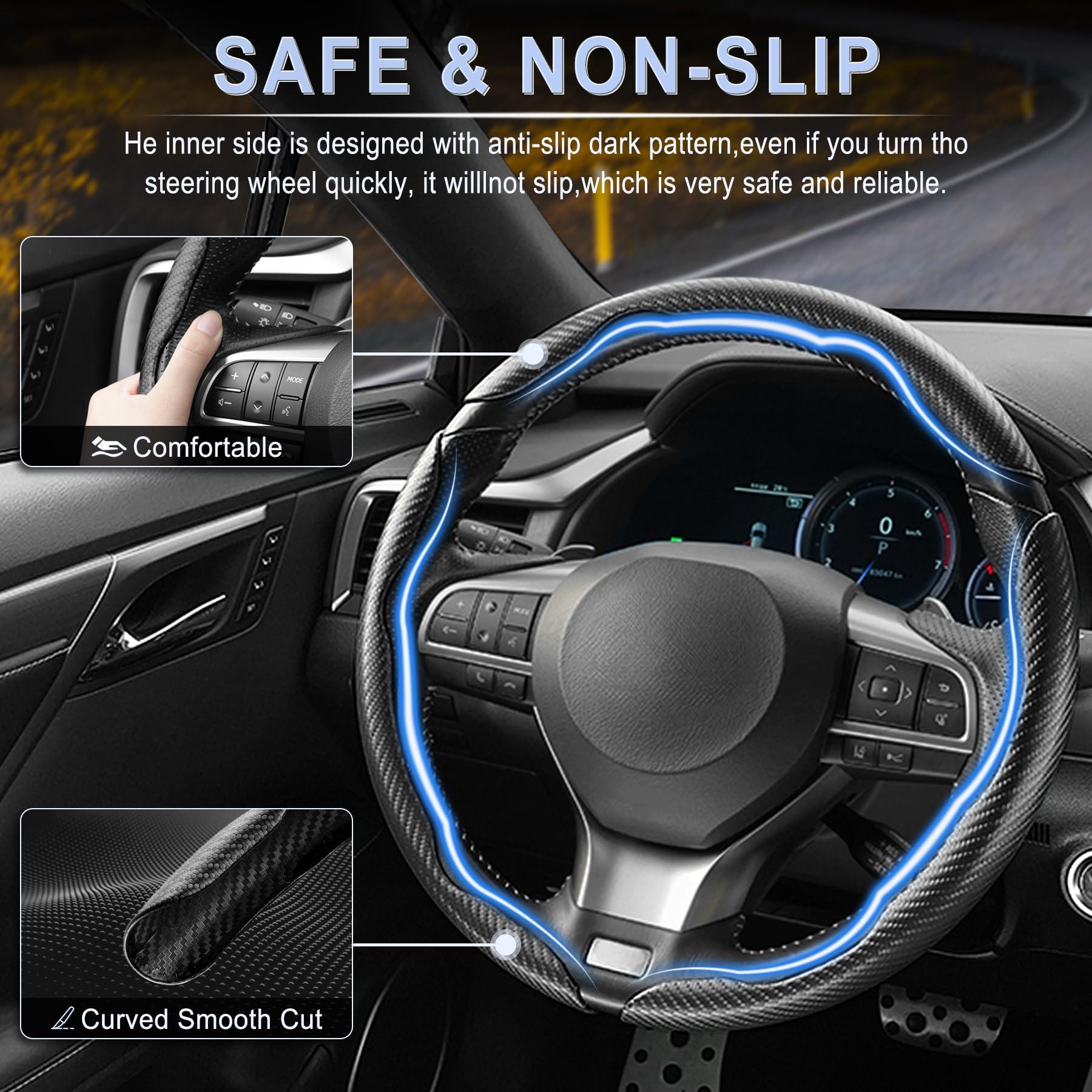 Amiss 3pcs Carbon Fiber Anti-Skid Steering Wheel Cover, Segmented & Butterfly Design, Universal 99% Car Wheel Cover Protector, Black - Image 3