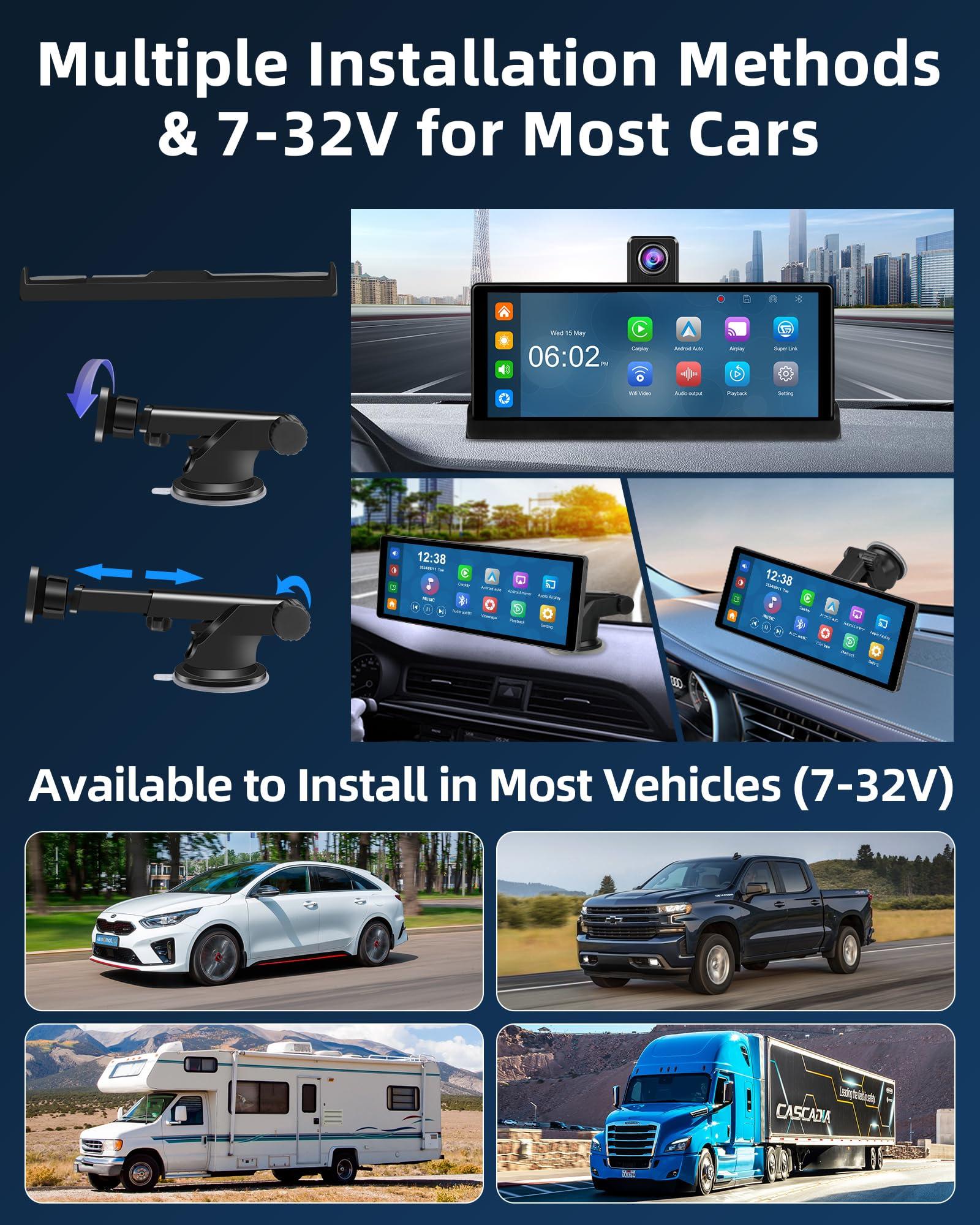 【350° Rotatable Lens】10.26''Wireless Apple CarPlay Screen for Car & 4K Dash Cam Portable Android Auto Car Stereo, Car Audio Receivers 1080P Backup Camera, Bluetooth/GPS Navigation/AirPlay/Googel/Siri - Image 8