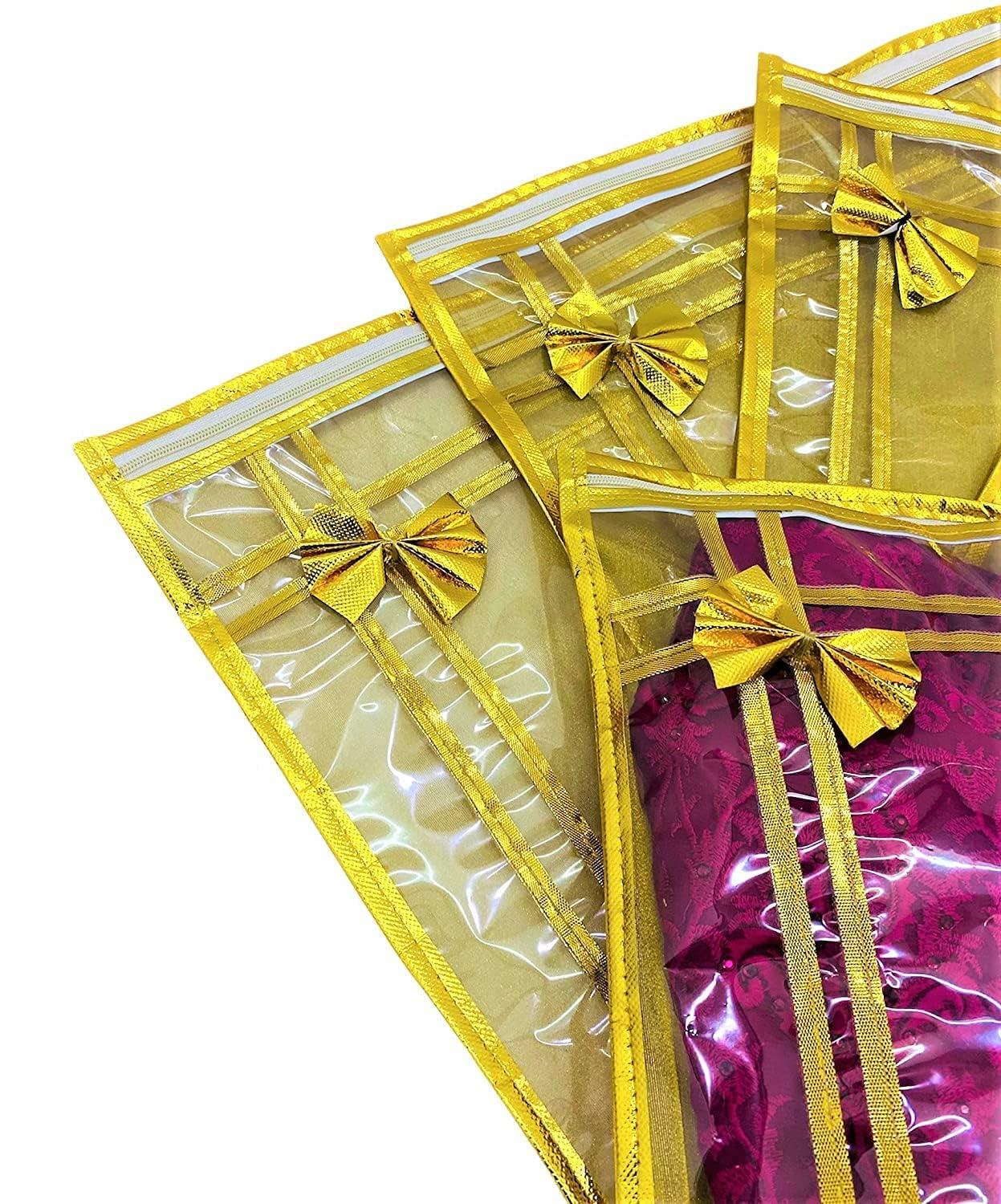 10 piece transparent single Saree/Suit Packing Sari Cover/Bag Organizer with zip for Wardrobe Storage and wedding gifting,dress covers (Golden, Pack of 10) - Image 3