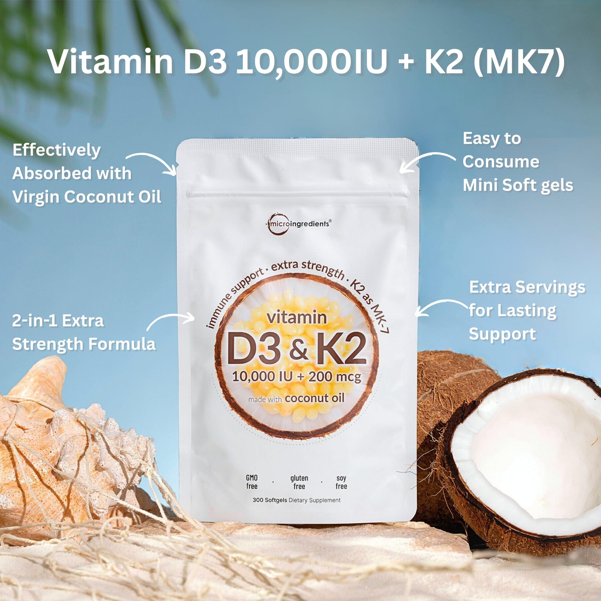 Vitamin D3 10000 iu Plus K2 (MK-7) 200 mcg, 300 Virgin Coconut Oil Softgels| 2 in 1 Vitamins D & K Complex | Supports Calcium Absorption, Bone, Immune, & Heart Health – Easy to Swallow - Image 2