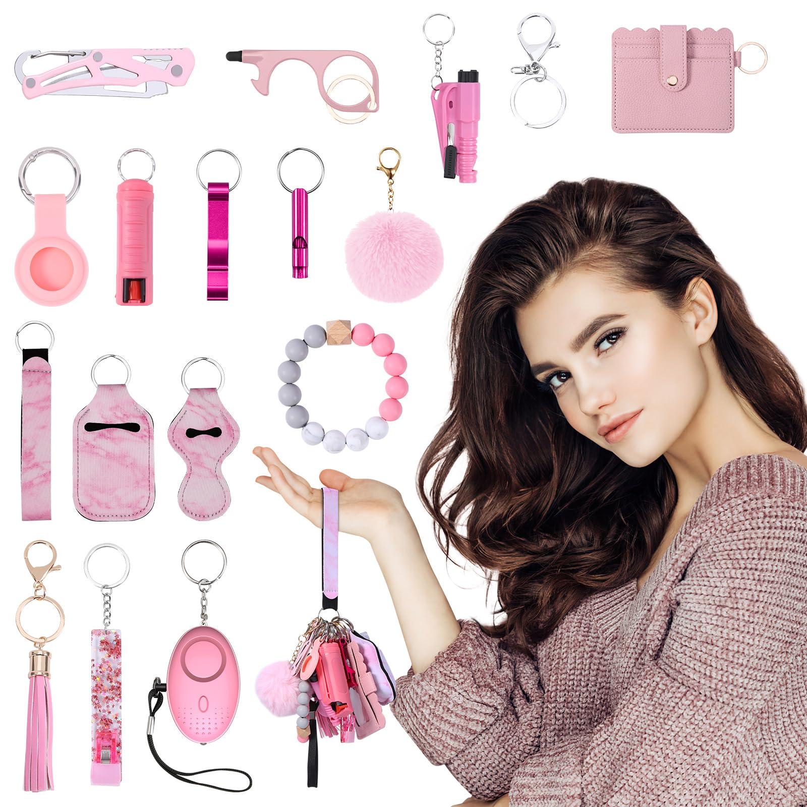 Temracha Safety Keychain Set for Women Girls, 18-in-1 Keychain Accessories Kit with Personal Alarm Whistle Card Wallet Pompom - Image 7