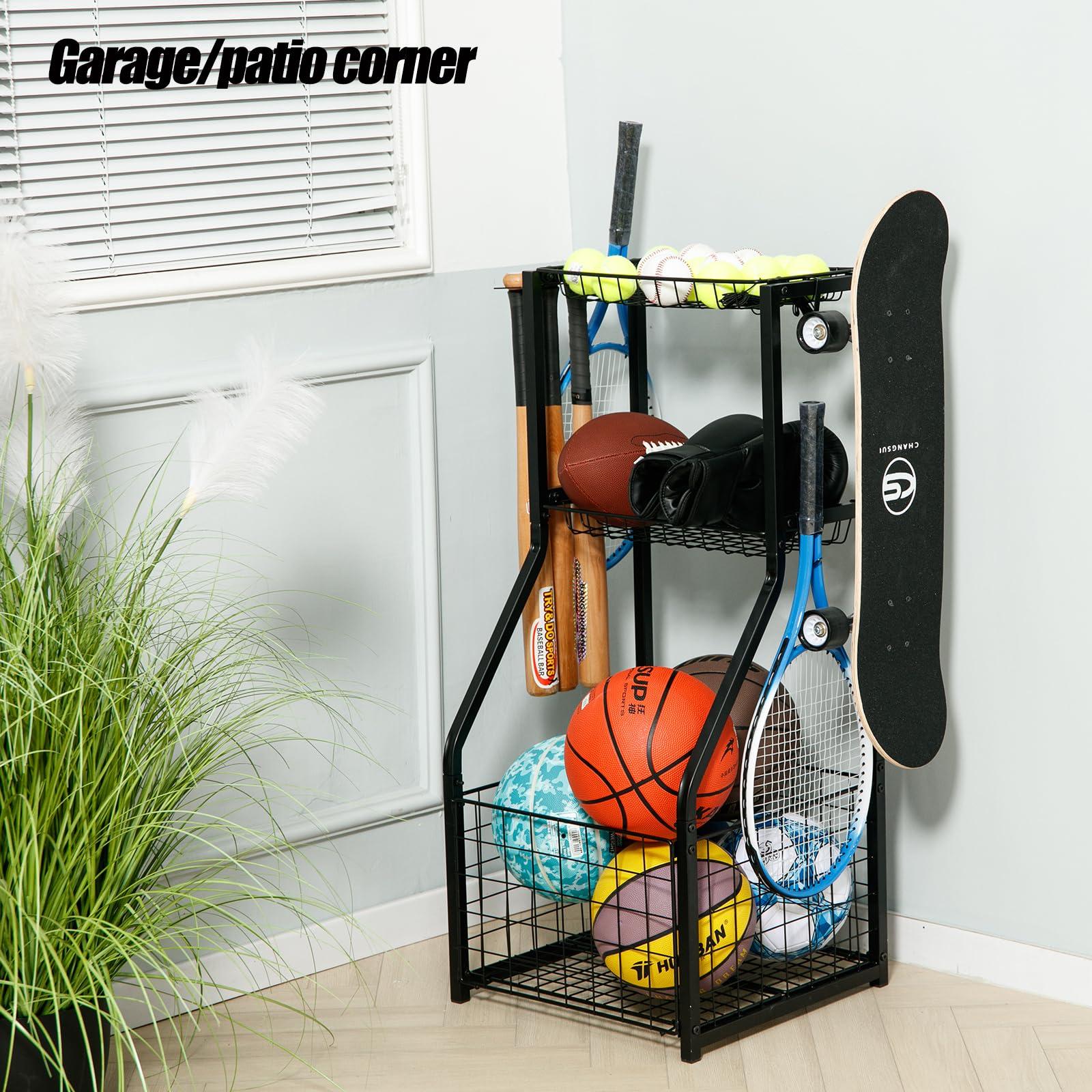 YueTong Sports Equipment Organizer for Garage Organization,Ball Storage With Basketball Holder and Ball Cart Rack,Outdoor Toy Storage with Bin for Nerf Gun,Football,Volleyball Stuf,Gym Accessories - Image 4