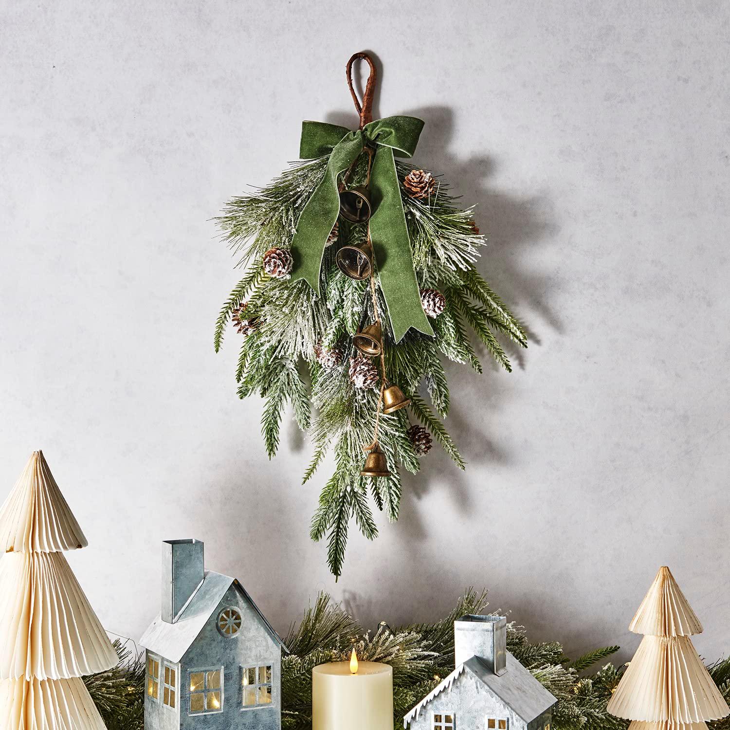 LampLust Winter Swag for Front Door, 18 Inch Greenery Swag with Bells, Pinecones & Ribbon, Teardrop Swags for Decorating, Floral Swags for Winter Wedding Decor, Wall & Window Decor, Front Door Swag - Image 6