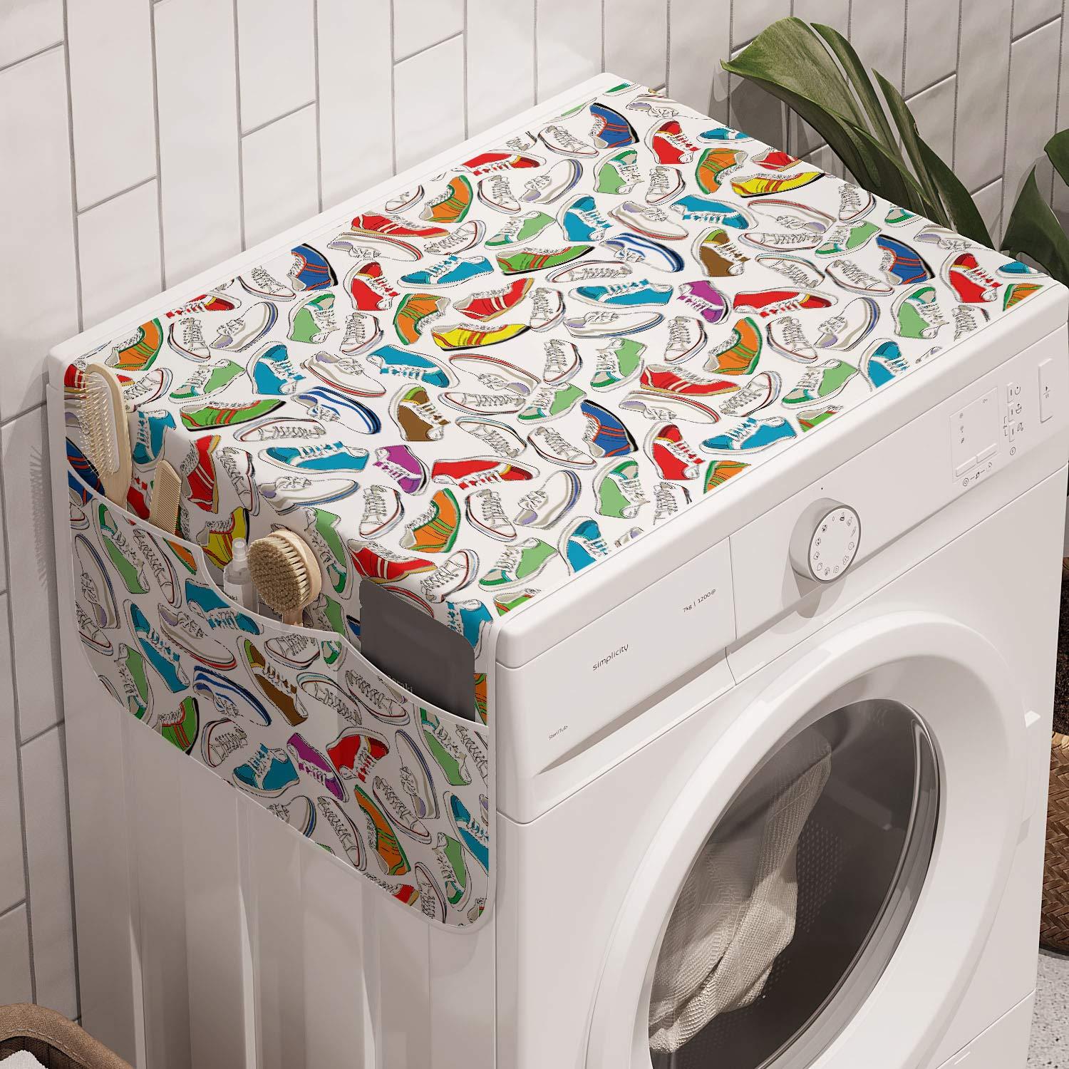 Lunarable Retro Washing Machine Organizer, Colorful Sports Shoes Patterns Sneakers Drawings Young Teen Footwear Retro Print, Anti-slip Fabric Cover for Washers and Dryers, 47" x 18.5", Multicolor