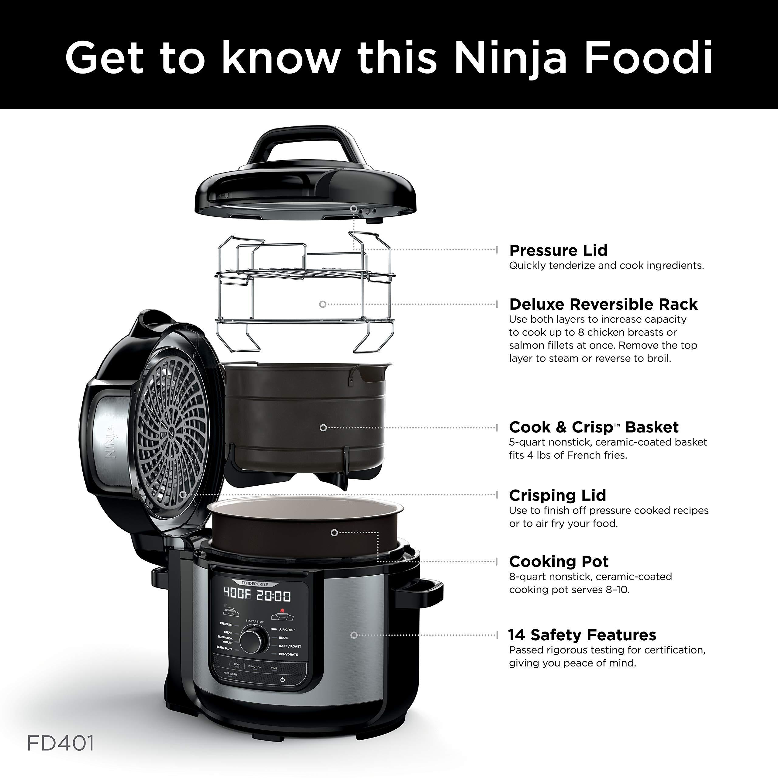 Ninja FD401 LP3 Foodi 12-in-1 Deluxe XL 8 qt. Pressure Cooker & Air Fryer that Steams, Slow Cooks, Sears, Sautés, Dehydrates & More, with 5 qt. Crisper Basket, Reversible Rack & Recipe Book, Silver - Image 5