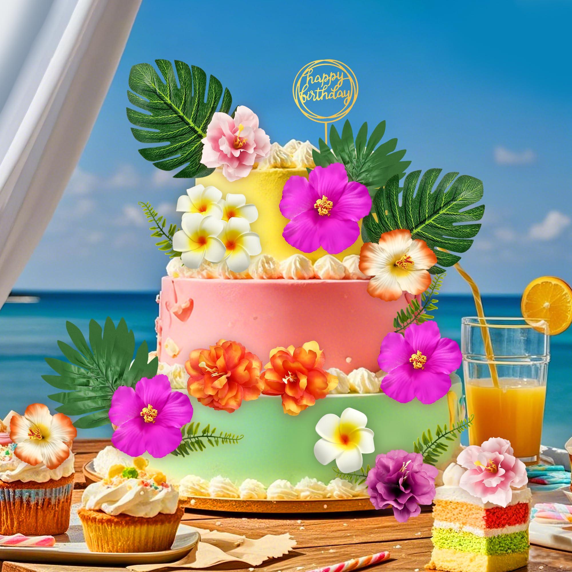 Firleayo 18pcs Hawaiian Flowers Cake Decorations Tropical Themed Cake Toppers Summer Flower Cupcake Topper with Palm Leaves Hibiscus Luau Cupcake Topper Aloha Beach Decor for Birthday Party Supplies - Image 6