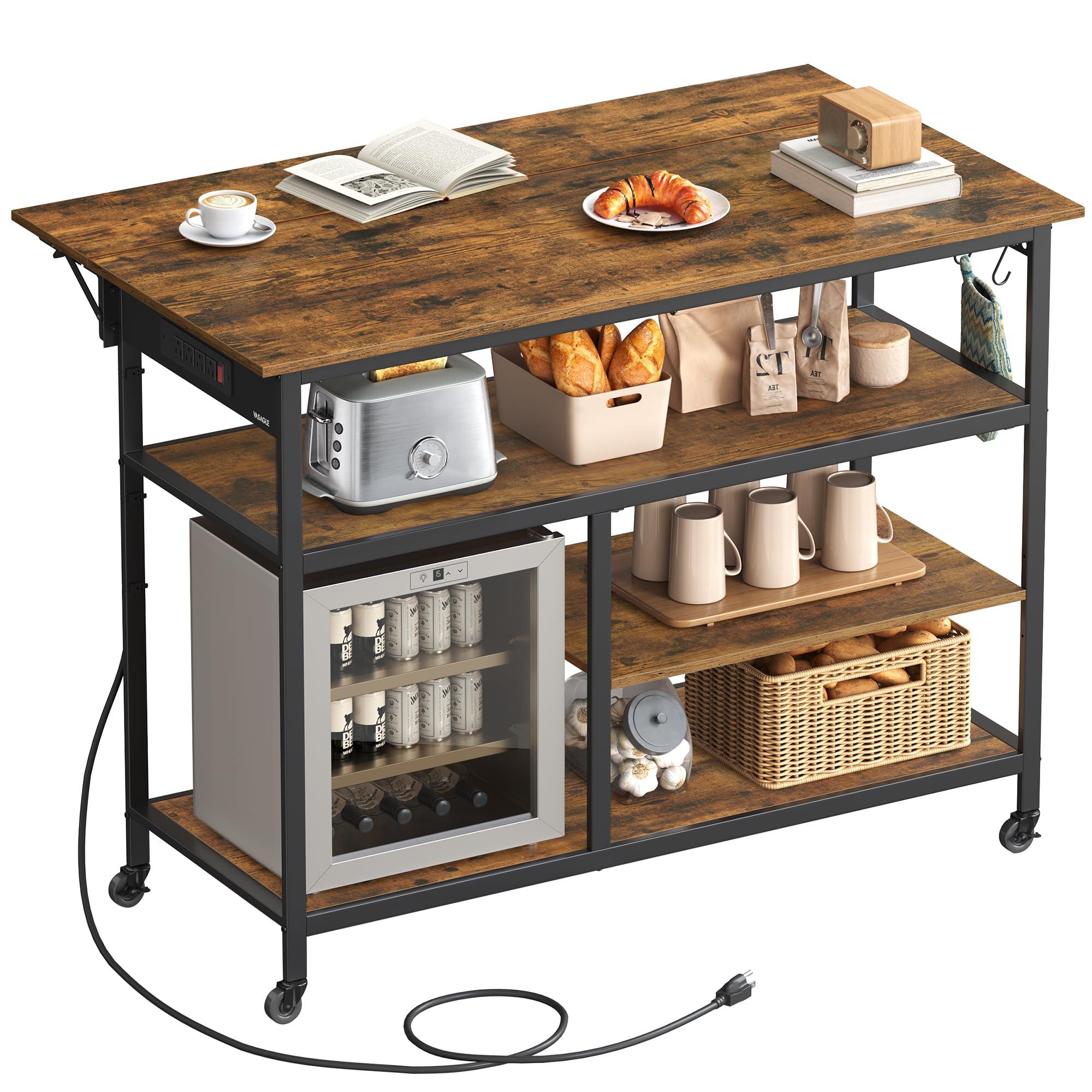 VASAGLE Kitchen Island with Drop Leaf, 47.2" Width Rolling Kitchen Cart with Power Strip, Extendable Worktop, Workbench,Pegboard, Adjustable Shelf, Rustic Brown and Ink Black UKKI013K01