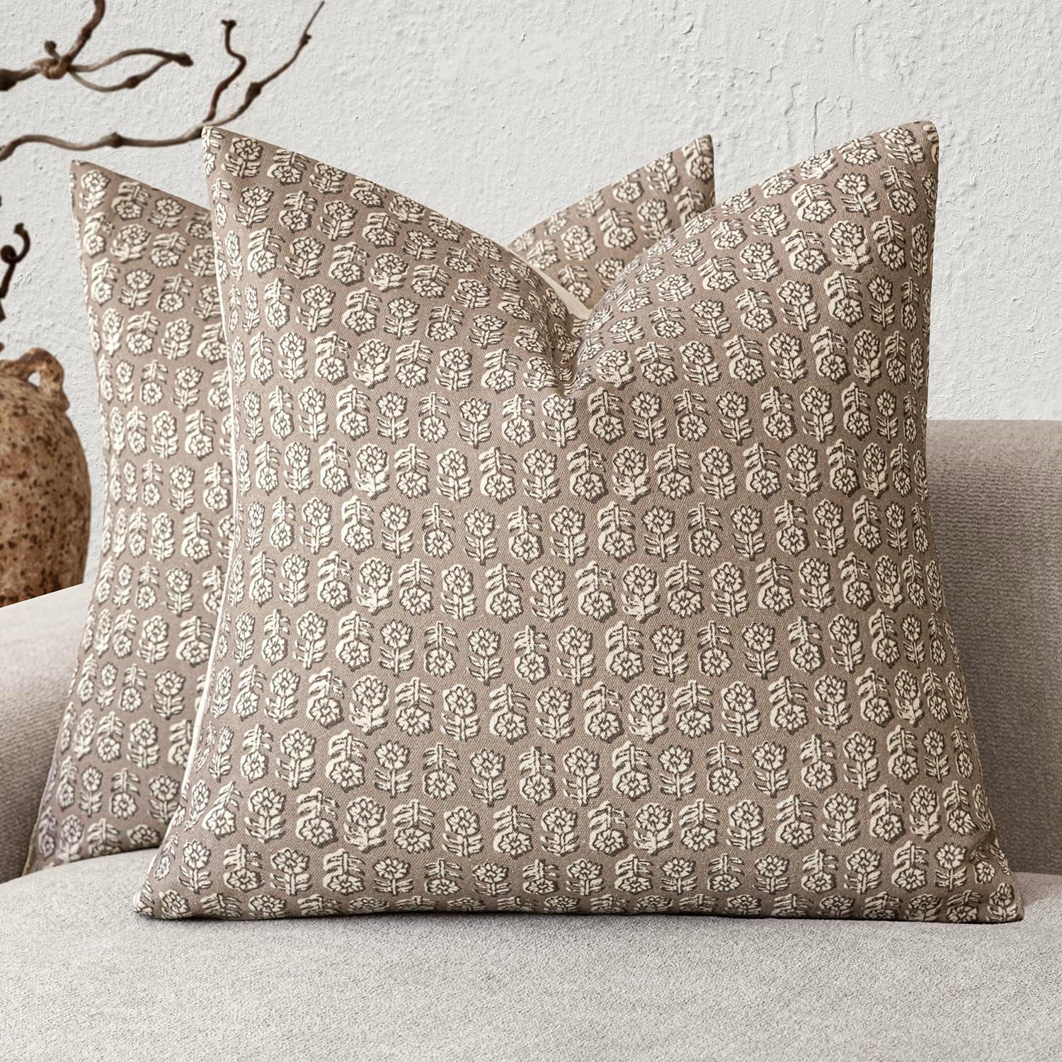Foindtower Set of 2 Decorative Vintage Floral Print Throw Pillow Covers Neutral Modern Farmhouse Cushion Covers Boho Home Decor for Sofa Chair Couch Bedroom Living Room Outdoor,18×18 Inch,Tan Taupe