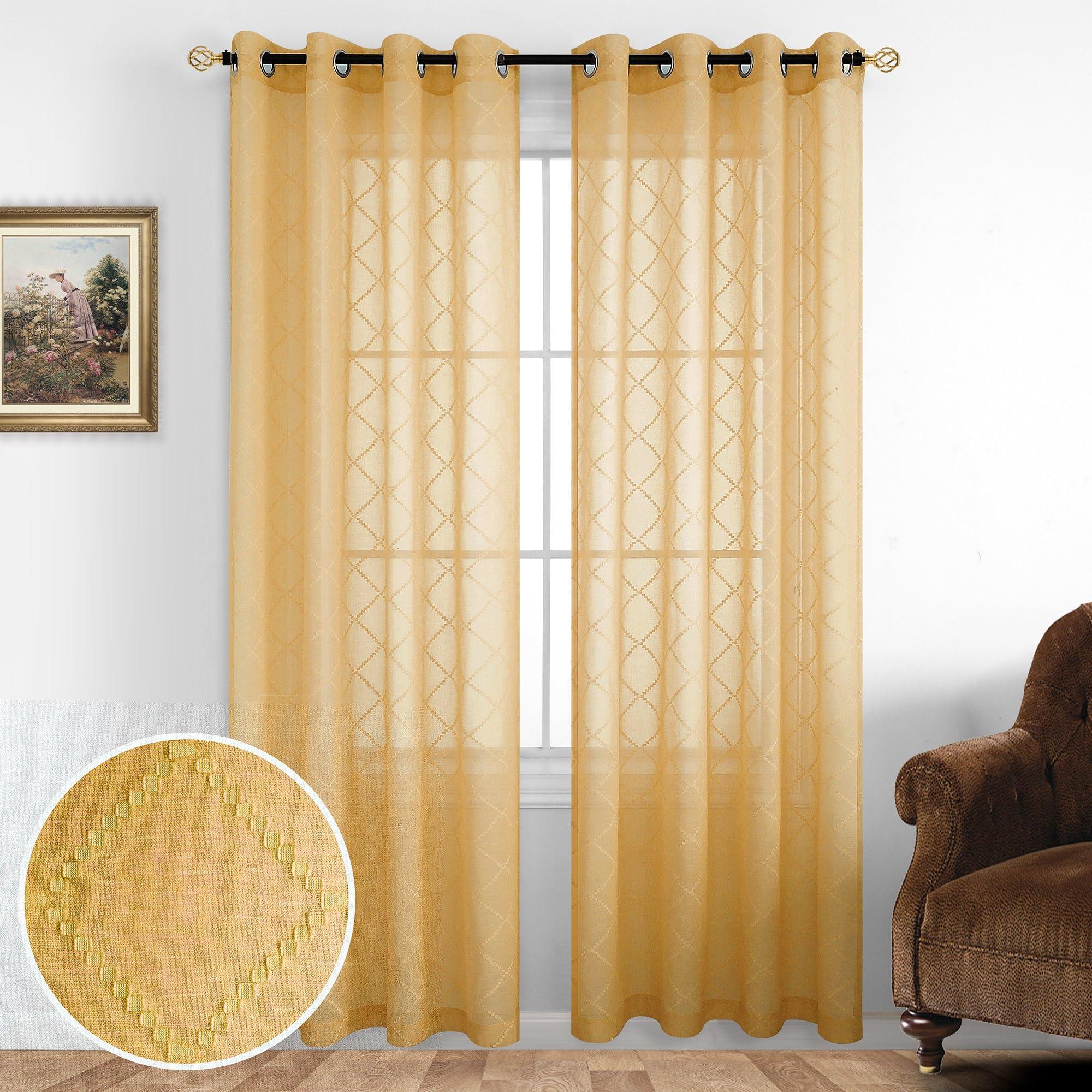 KOUFALL Gold Curtains for Living Room 84 Inches Long,Sheer Geometric Fancy Sheers Mid Century Modern Boho Curtains for Bedroom 2 Panels Set - Image 7