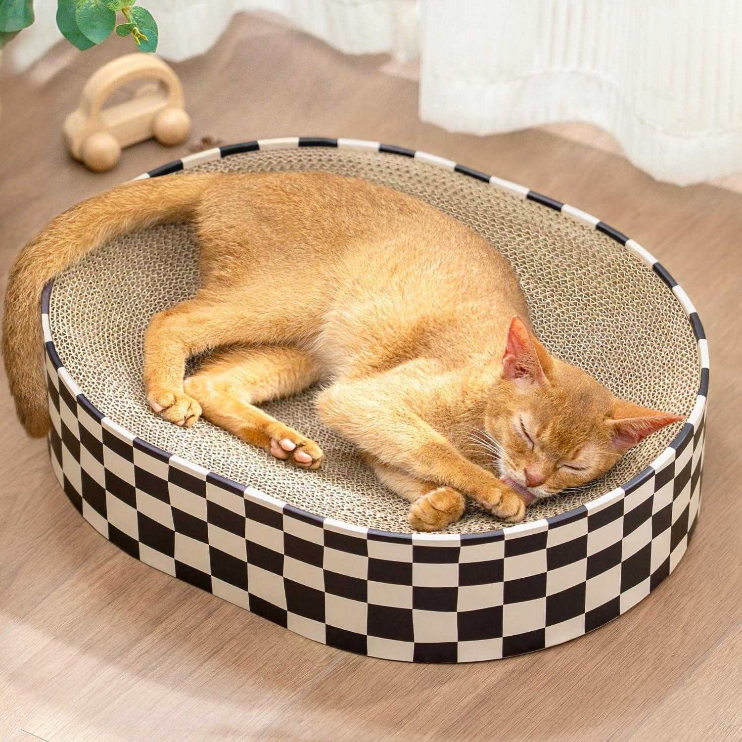 Conlun Cat Scratcher Cardboard,2 in 1 Oval Cat Scratch Pad Bowl for Indoor Kitty Grinding Claw,Round Kittens Scratching Board Corrugated Lounge Pet Beds&Furniture Protector for Couch&Carpets&Sofas