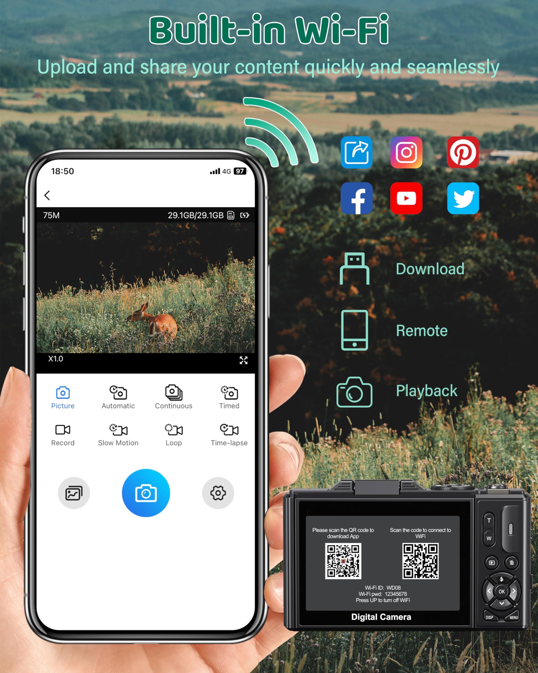 5K Digital Camera for Photography - WiFi 75MP Vlogging Cameras for YouTube - UHD Autofocus Video Camera 3" 180° Flip Screen with 18X Zoom - Compact Vlog Travel Camara with 32GB SD Card, 2 Batteries - Image 5