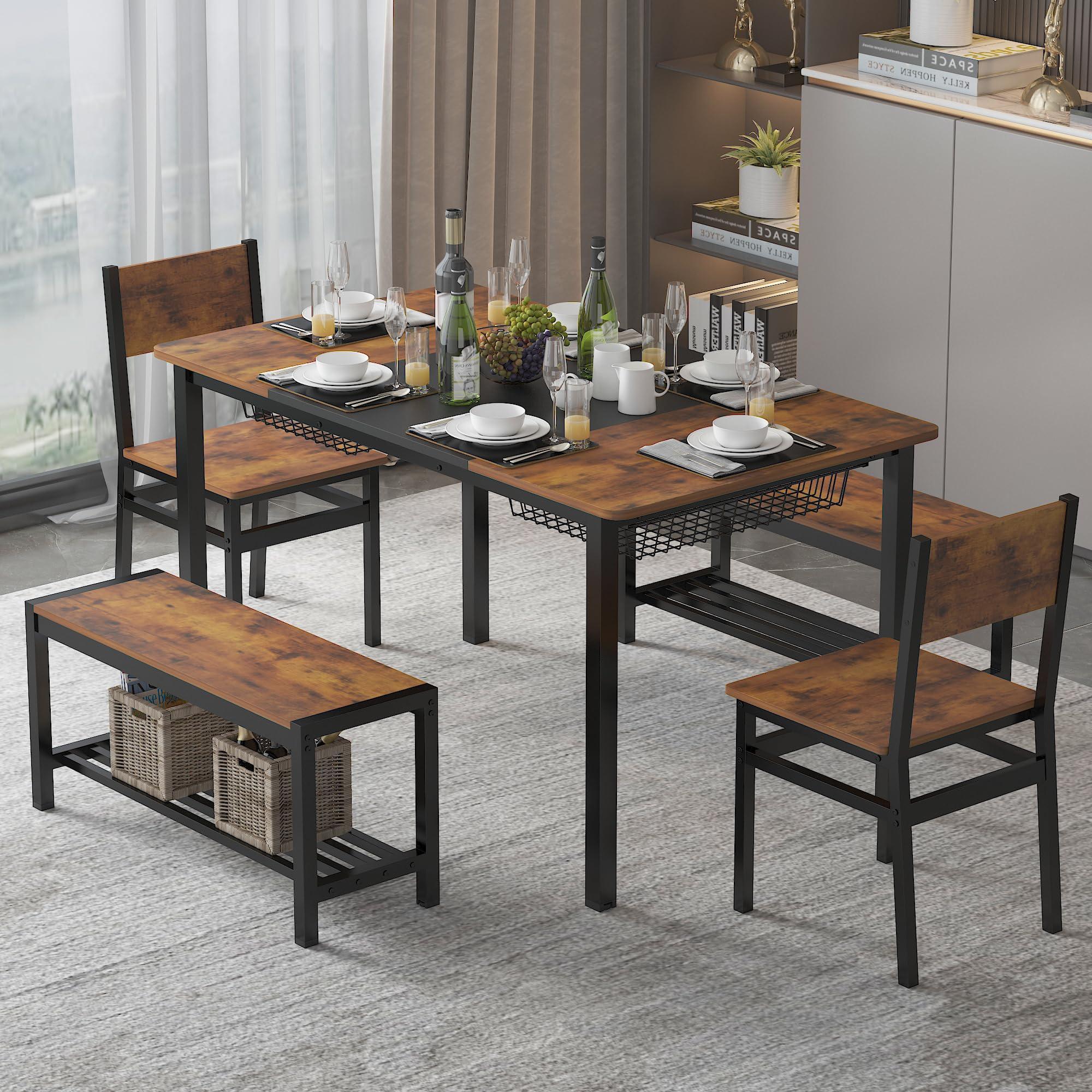 NAIYUFA Dining Table Set for 4-6 People,Industrial Dining Table with 2 Benches and 2 Chairs,Kitchen Table Set with Storage Rack for Dining Room,Saving Space,Rustic Brown