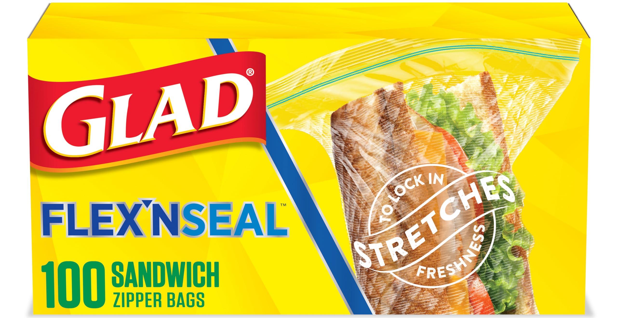 Glad Flex'N Seal Food Storage Plastic Bags, Sandwich, 100 Count, Pack of 4 (Package May Vary)