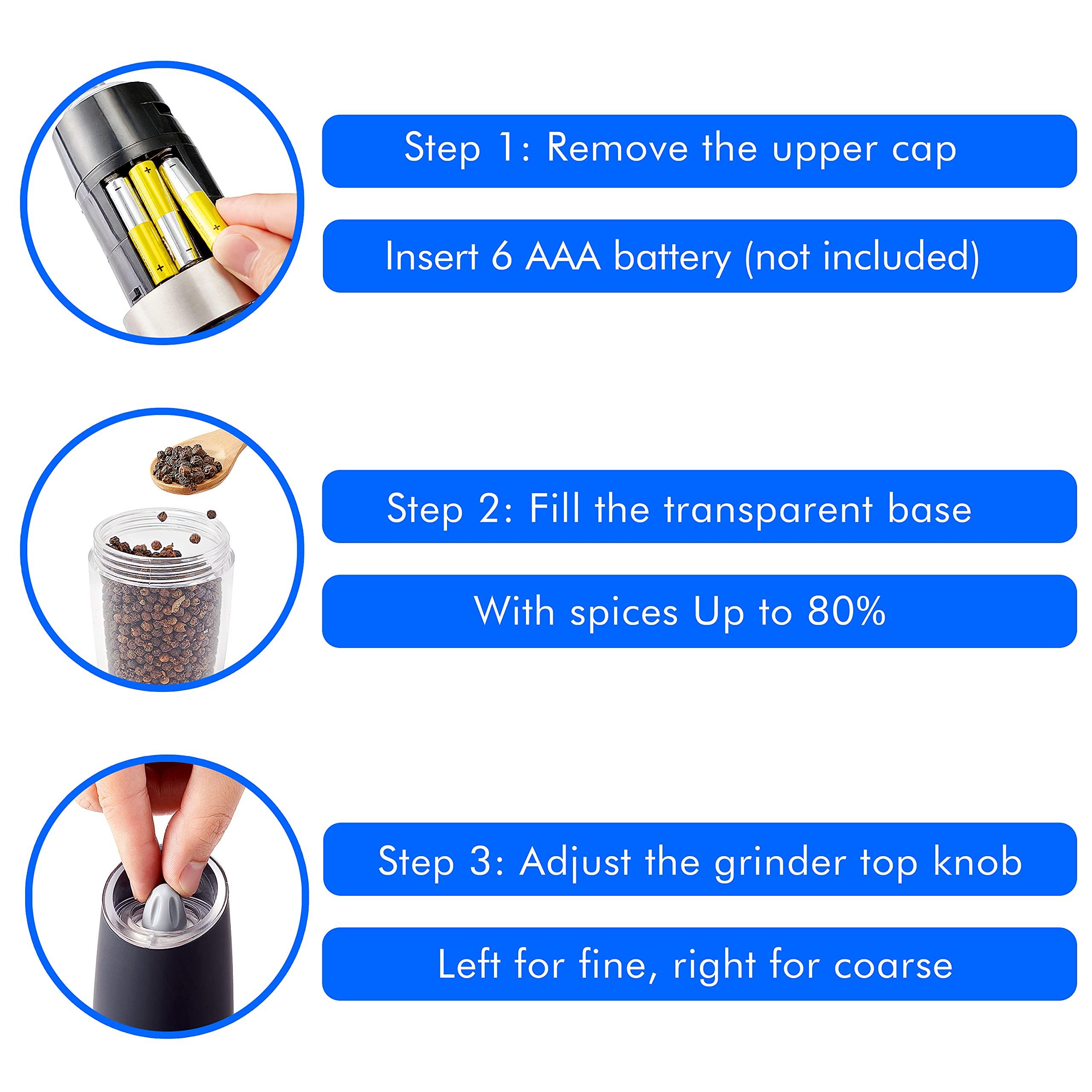 Gravity Electric Pepper and Salt Grinder Set, Battery Operated Pepper Mill with Blue LED Light, One Hand Operation, Flip to Grind, Adjustable Coarseness - Image 6