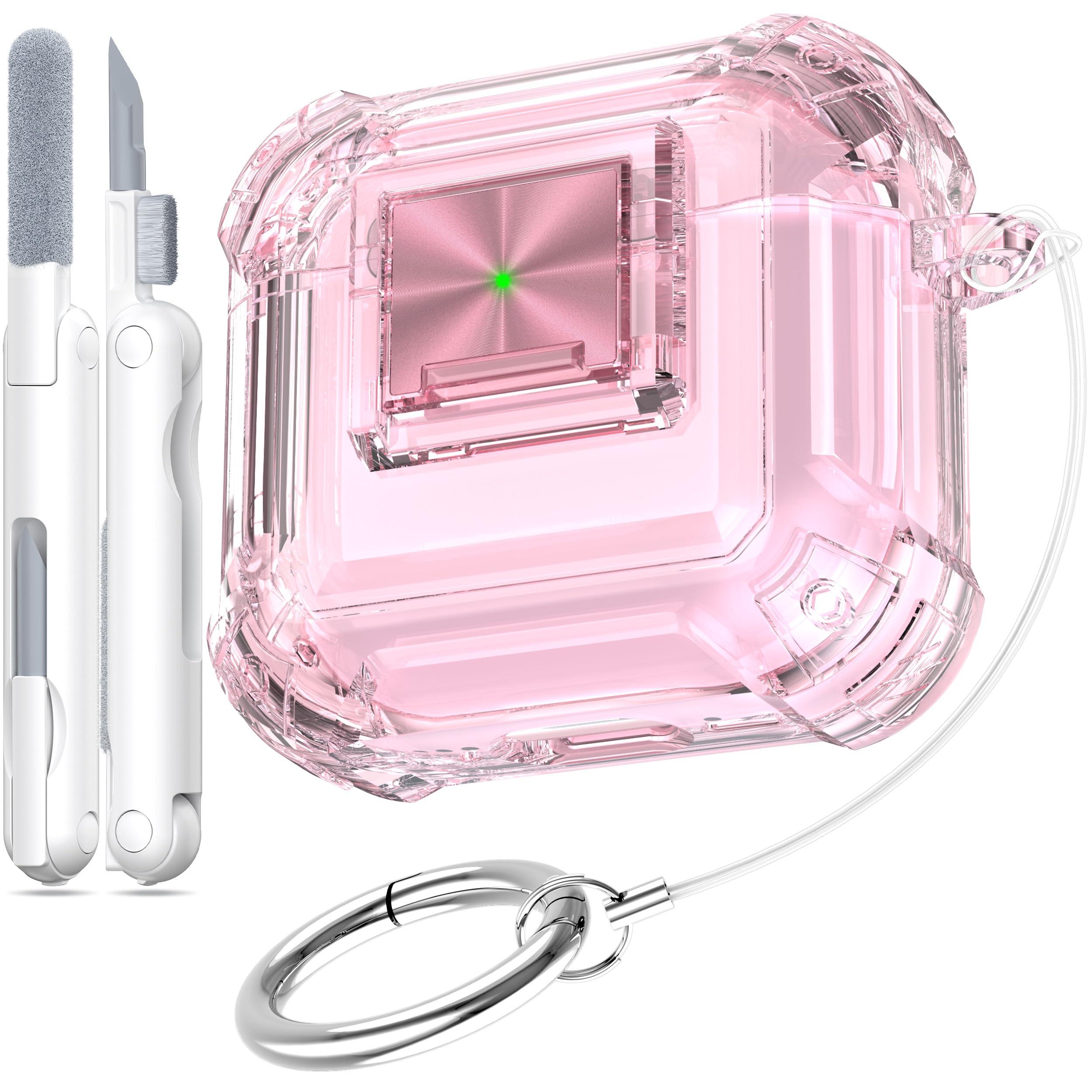 RFUNGUANGO Security Lock for Airpods 4 Case, Compatible with Apple Airpod 4 Case (2024) (USB-C), Compatible with Airpod 4 with Cleaning Kit for Teen Girls, Transparent Pink
