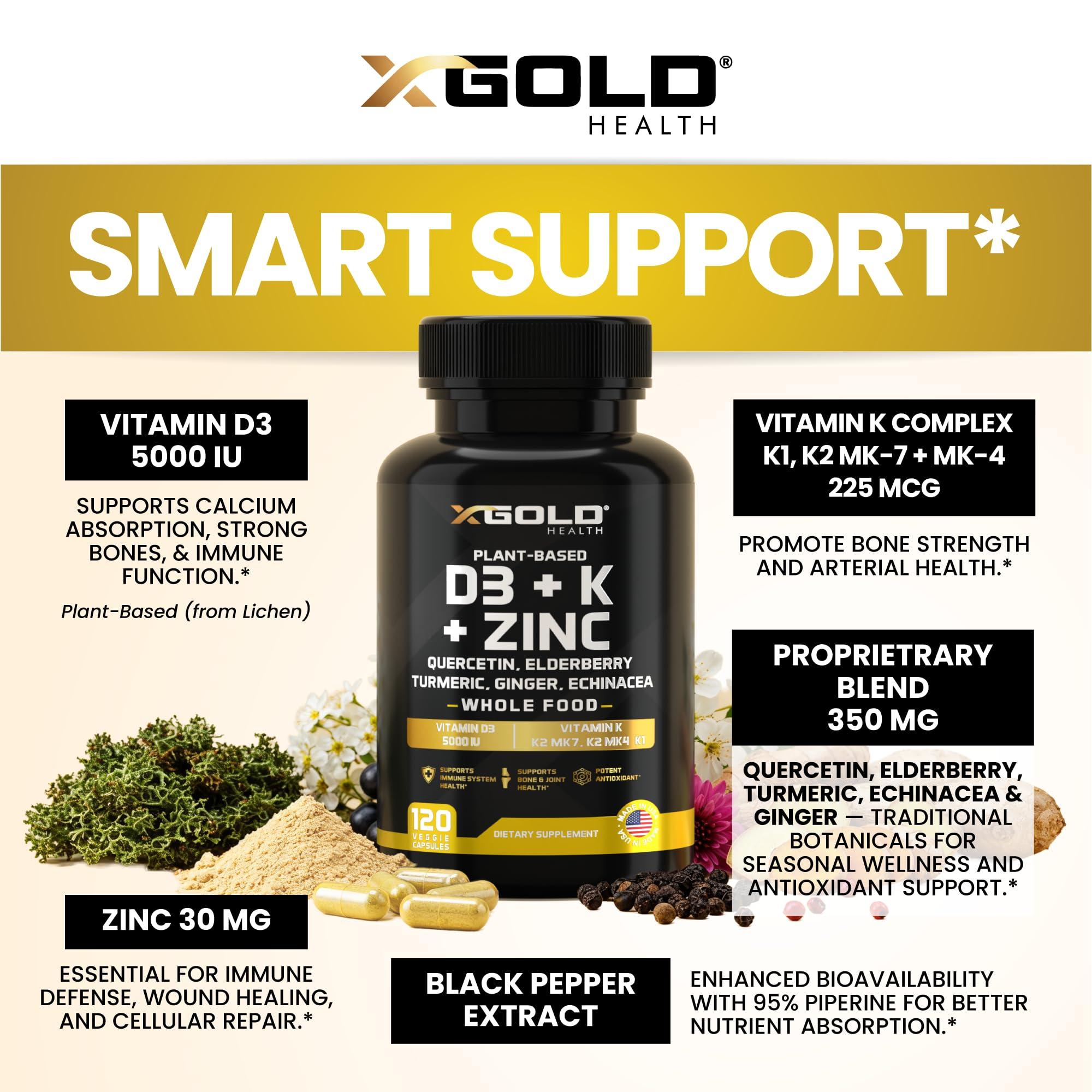 Vitamin D, K2, K1, Zinc, Quercetin, Elderberry, Turmeric, Ginger & Echinacea Whole Food Supplement 8 in 1- D3 5000 IU Plant-Based from Lichen, Vitamin K (K2 MK7, MK4, K1), D3 K2 Vitamins -120 Capsules - Image 3