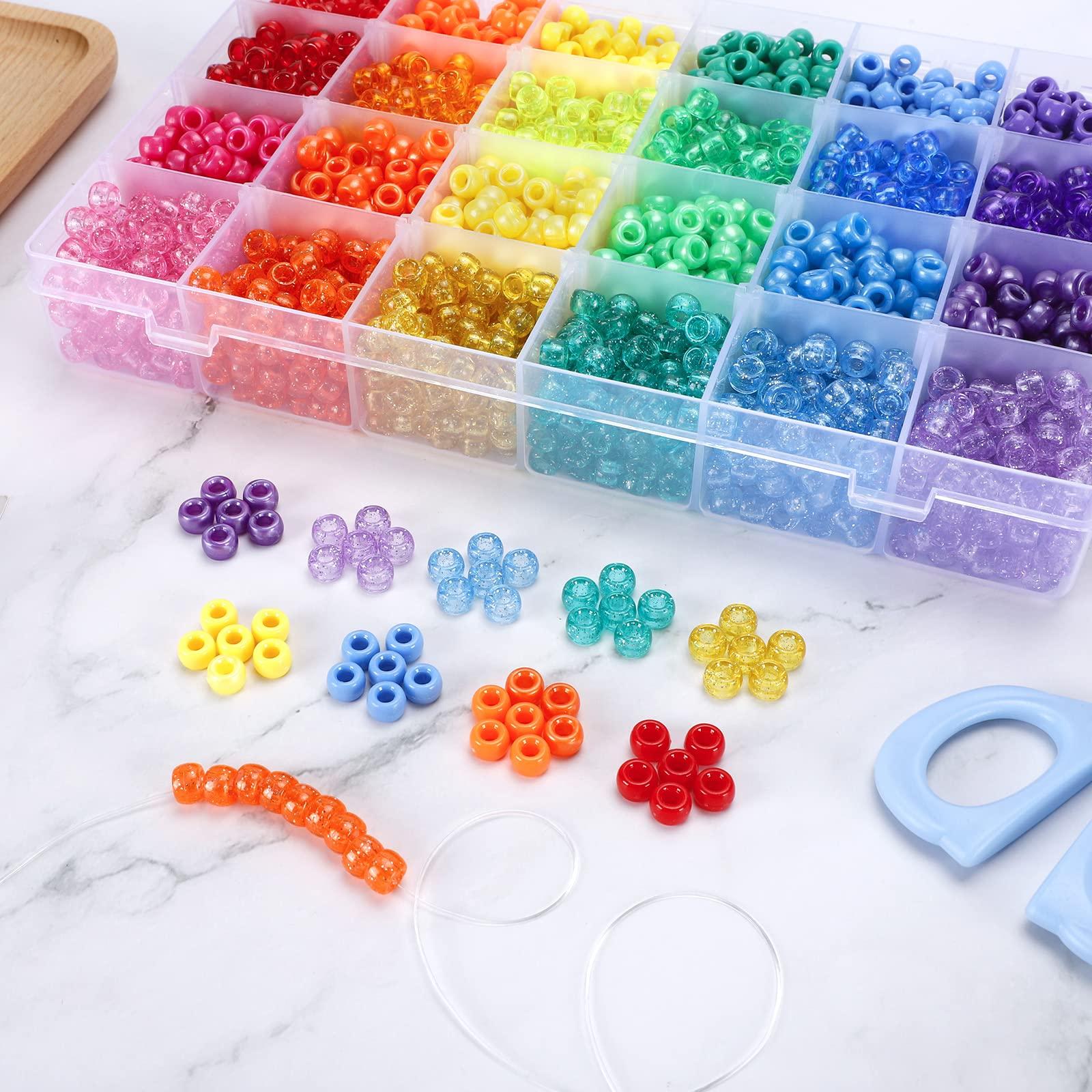 Quefe 2880pcs Pony Beads Kit, Kandi Beads for Hair, Rainbow Beads Plastic Bead for Craft 6 x 9mm 24 Colors 4 Styles Large Hole Beads Set for Bracelets Jewelry Making - Image 2