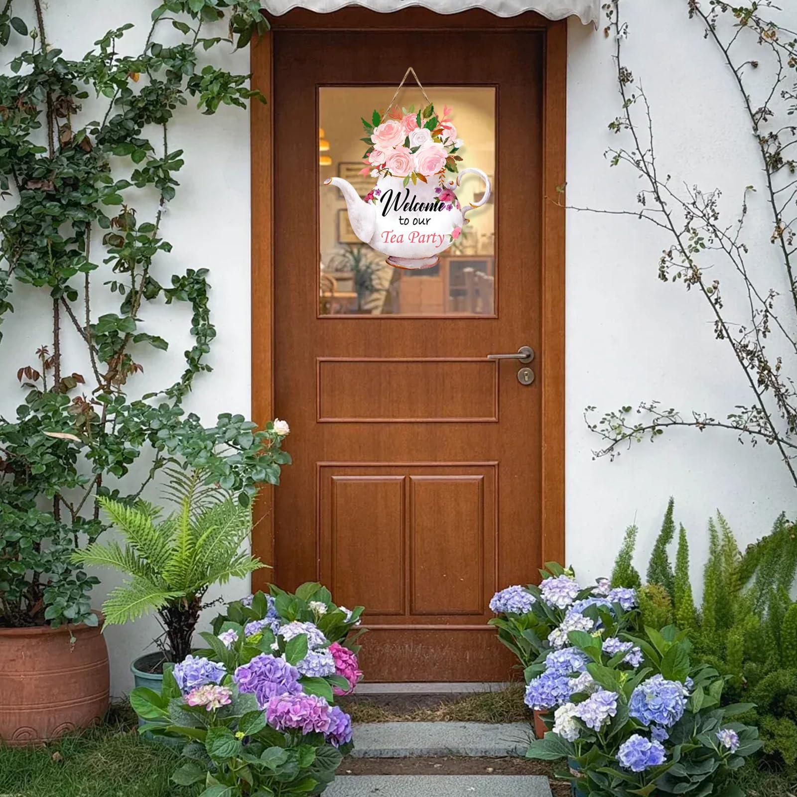 CANIPHA Tea Party Decorations Door Sign, Colorful TeaPot-Shaped Tea Party Decor Hanging Door Plaque Floral Themed Welcome Sign for Party, Tea Party Decors for Women Home Front Door Tea Party Supplies - Image 4