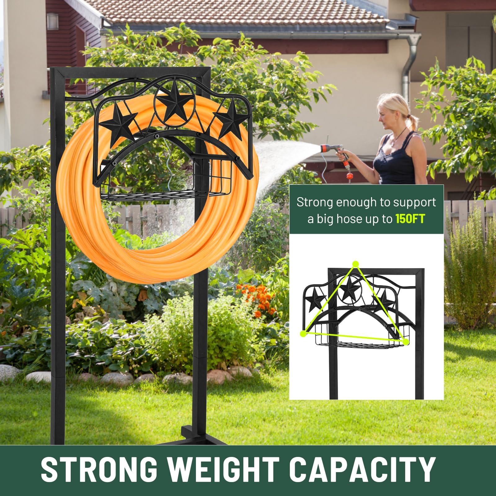 CLIBFENG Garden Hose Holder for Outside, Upgraded Freestanding Water Hose Holder with 4 Spikes, Heavy Duty rustproof Metal Garden Hose Cart for Outside, Black - Image 4