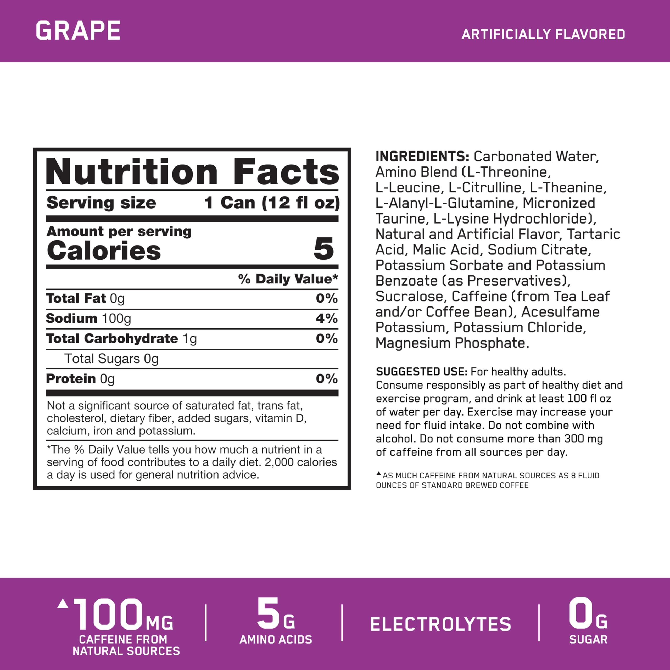 Optimum Nutrition Amino Energy Sparkling Hydration Drink, Electrolytes, Caffeine, Amino Acids, BCAAs, Sugar Free, Grape, 12 Fl Oz, 12 Pack (Packaging May Vary) - Image 2