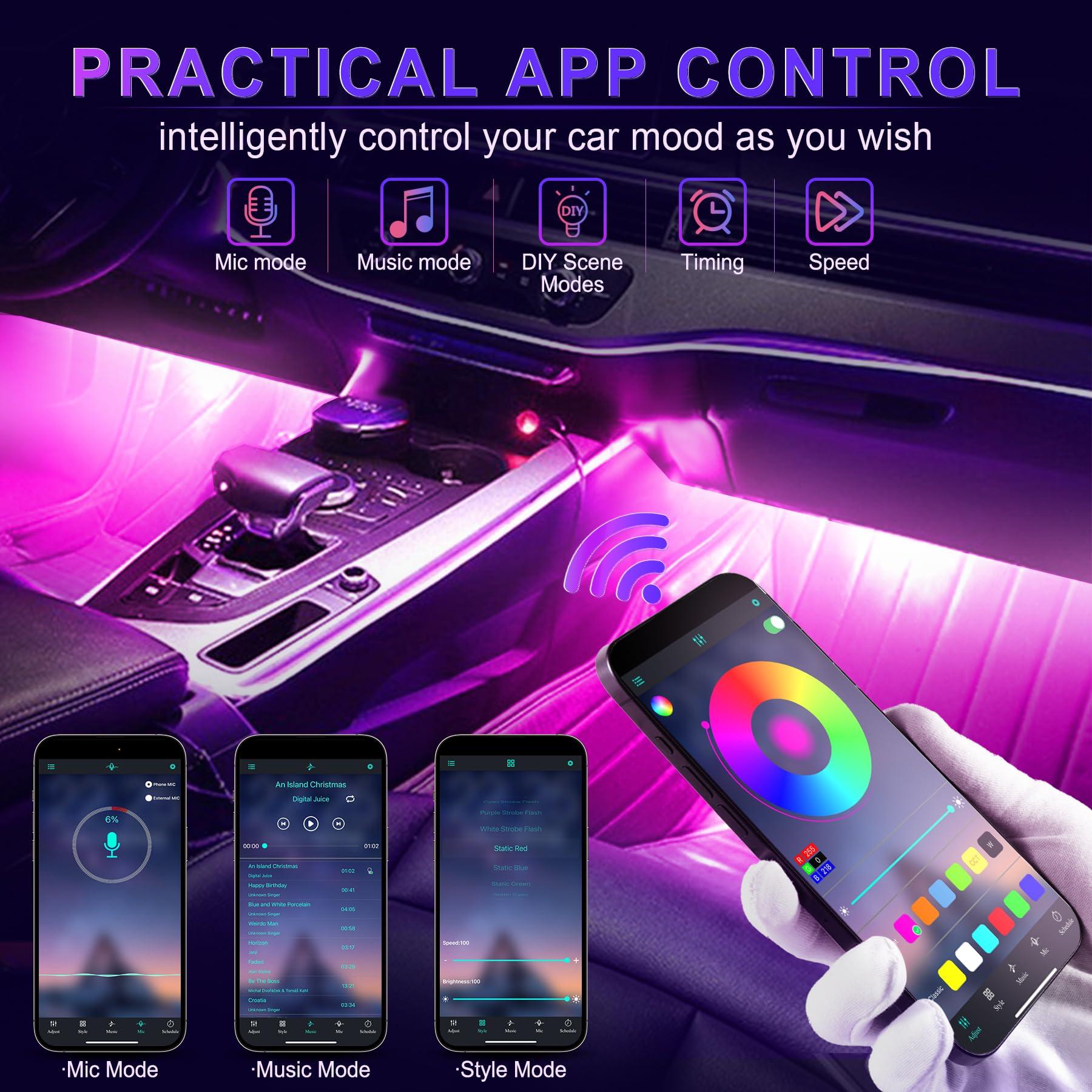 LivTee Accent Interior Car Lights, Smart Car Interior Lights with App Control, RGB LED Lights with Music Mode and DIY Mode, 2 Lines Design LED Lights for Cars with Charger, Car Accessories for Women - Image 4