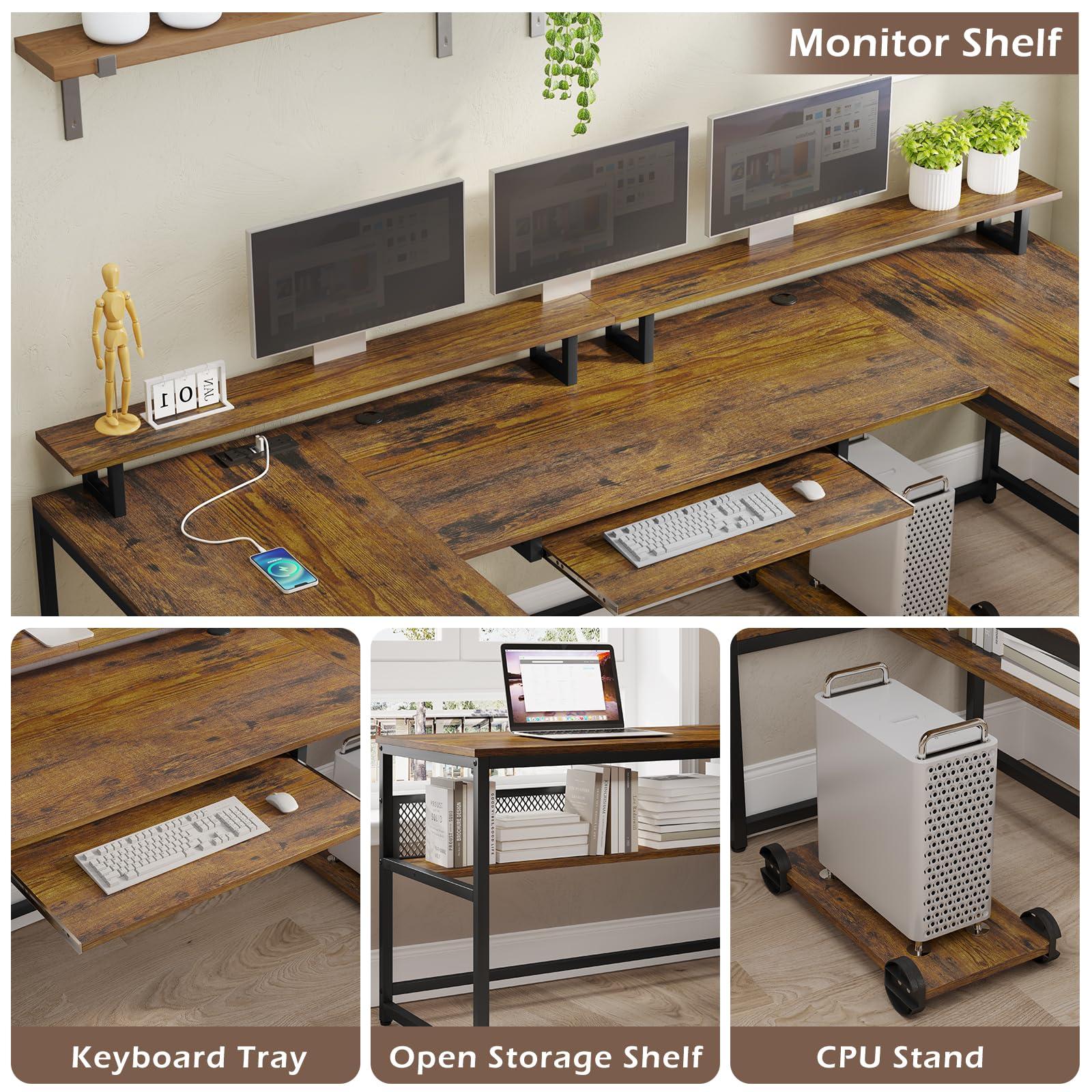 SEDETA U Shaped Desk, Reversible L Shaped Home Office Desk with File Drawer & Power Outlet, 101.5'' Computer Two Person Desk with Monitor Shelf, Keyboard Tray, Gaming Desk, Rustic Brown - Image 7