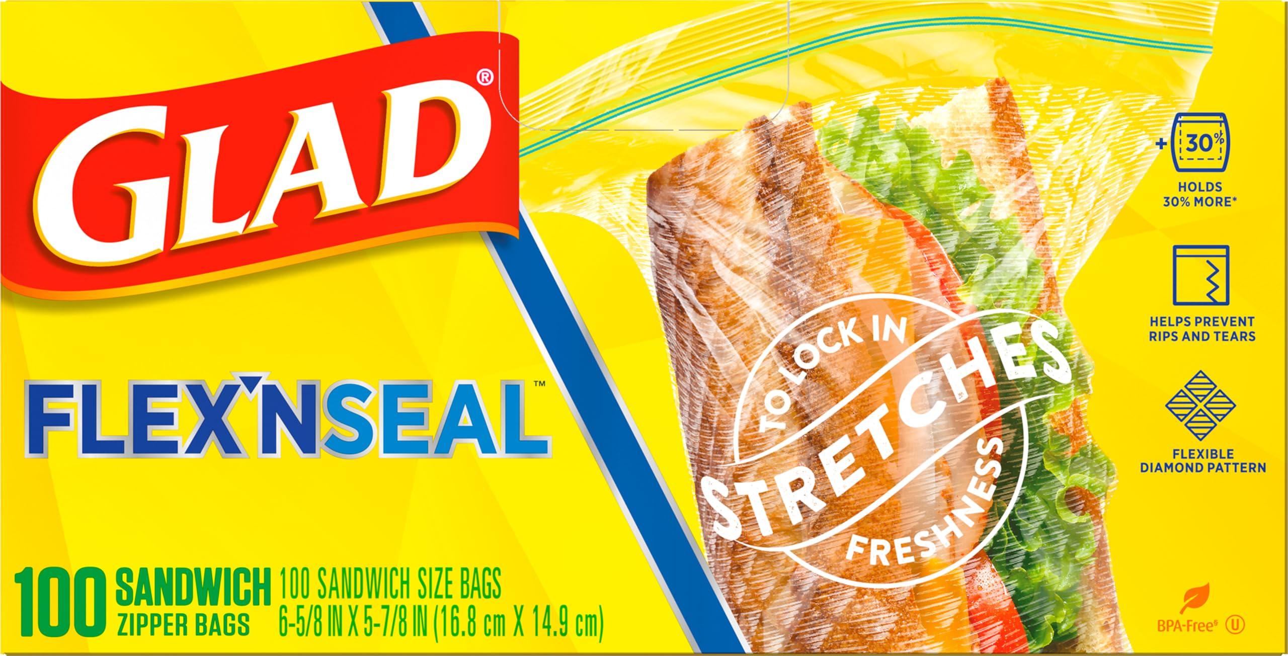 Glad Flex'N Seal Zipper Food Storage Sandwich Bags, Resealable Snack Bags, Multi-purpose Use, 100 Count (Pack of 4) - Image 8