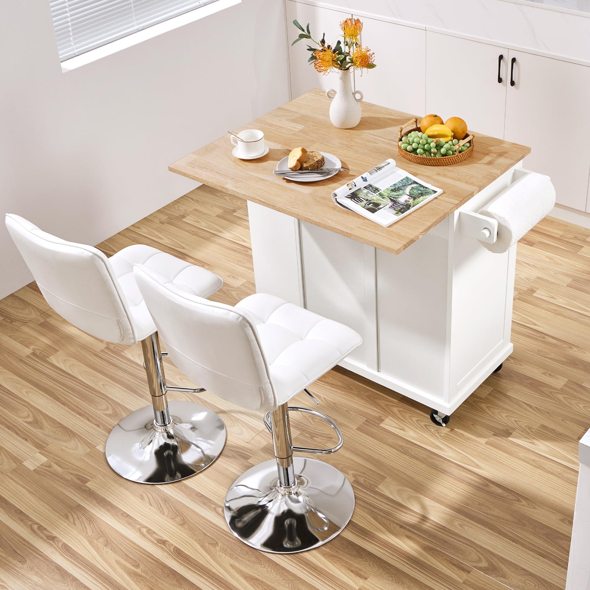 Yaheetech Rolling Kitchen Island Cart with Drop Leaf, Portable Rubberwood Breakfast Bar with Storage Cabinet, Open Shelves & Detachable Towel, 2 Drawers, White - Image 9