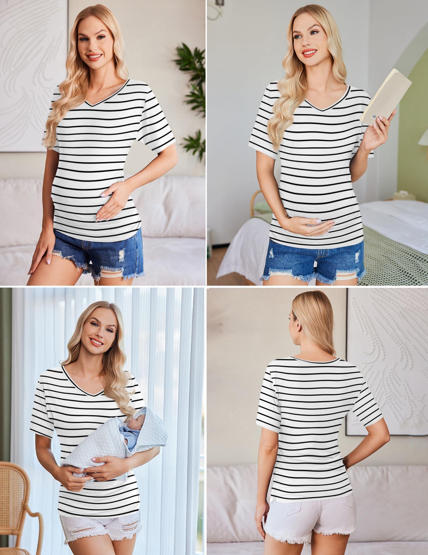 Ekouaer 3 Pack Maternity Shirts V Neck Dolman Sleeve Side Ruched Pregnancy Tops Tunic Blouse - Image 4