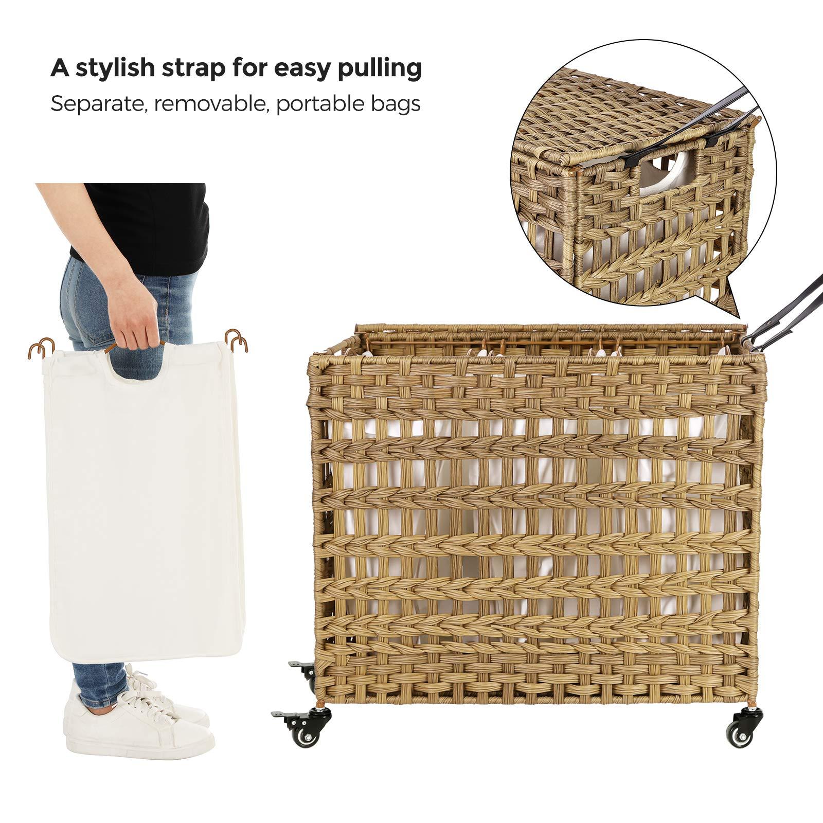 SONGMICS Laundry Hamper with Lid, 140L Synthetic Rattan Laundry Basket with Wheels, Clothes Hamper with 3 Removable Liner Bags, 3-Section Hampers with Handles, Laundry Room, Natural ULCB083N01 - Image 4