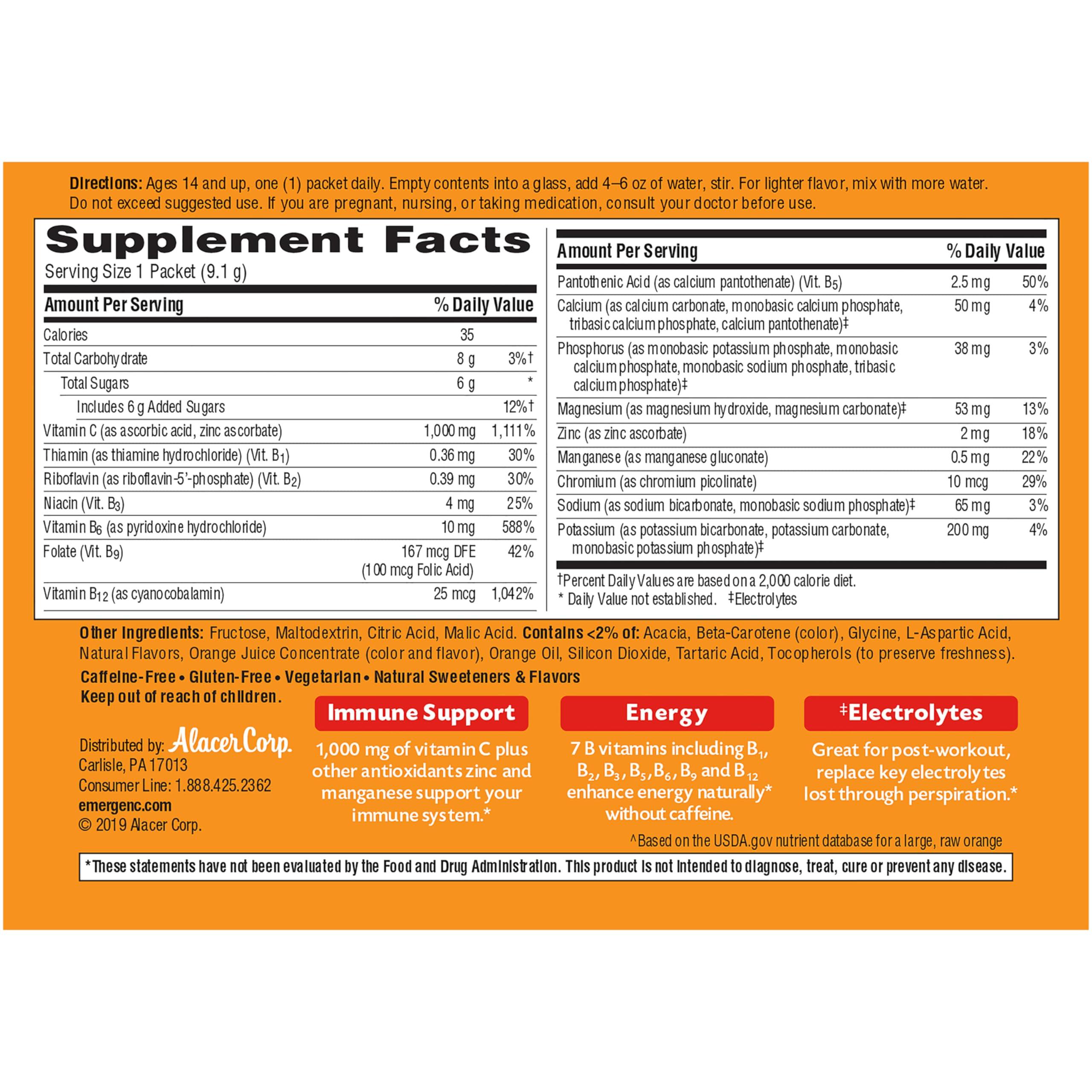 Emergen-C 1000mg Vitamin C Powder for Daily Immune Support Caffeine Free Vitamin C Supplements with Zinc and Manganese, B Vitamins and Electrolytes, Super Orange Flavor -60 Count(Pack of 1) - Image 8