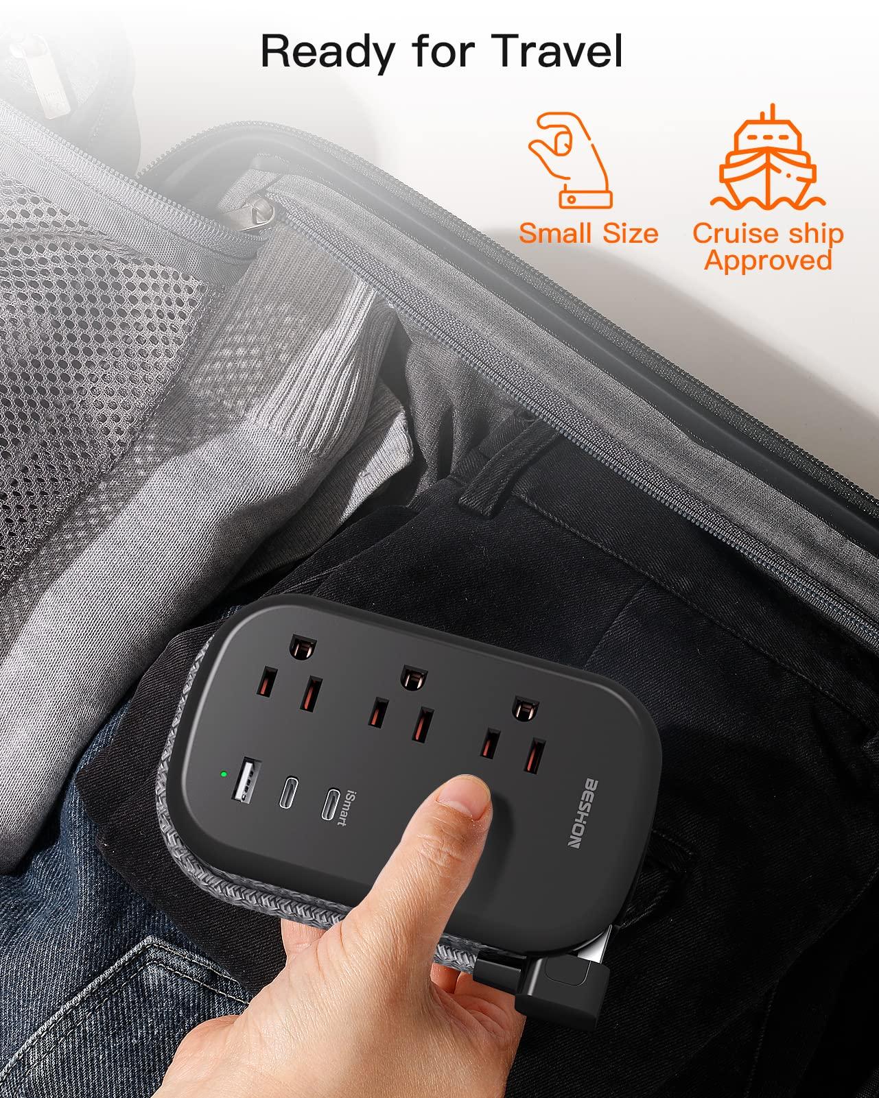 USB C Travel Power Strip, BESHON Ultra Flat Extension Cord, Flat Plug Power Strip, 3 Outlets with 3 USB Ports(2 USB C), 3.2ft Wrapped Around Extension Cord for Cruise Ship, Travel Essentials, Black - Image 6