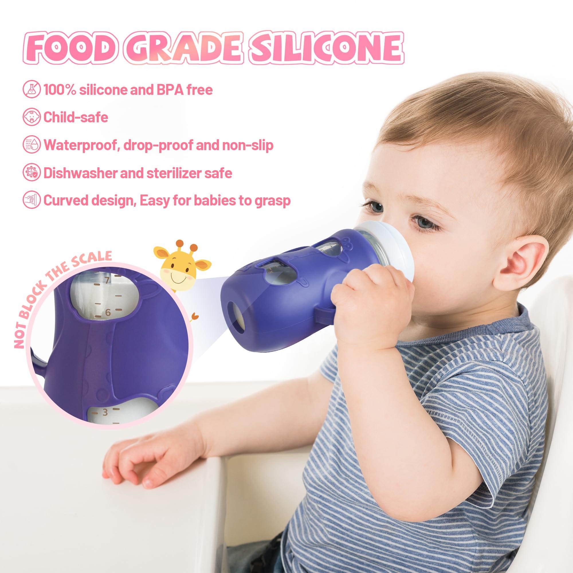 3 Pack Silicone Sleeves for Philips Avent Natural Glass Baby Bottle, Food Grade Silicone Cover and 3pcs Travel Caps, Lids Replacement (White+Pink+Purple, 8oz) - Image 2