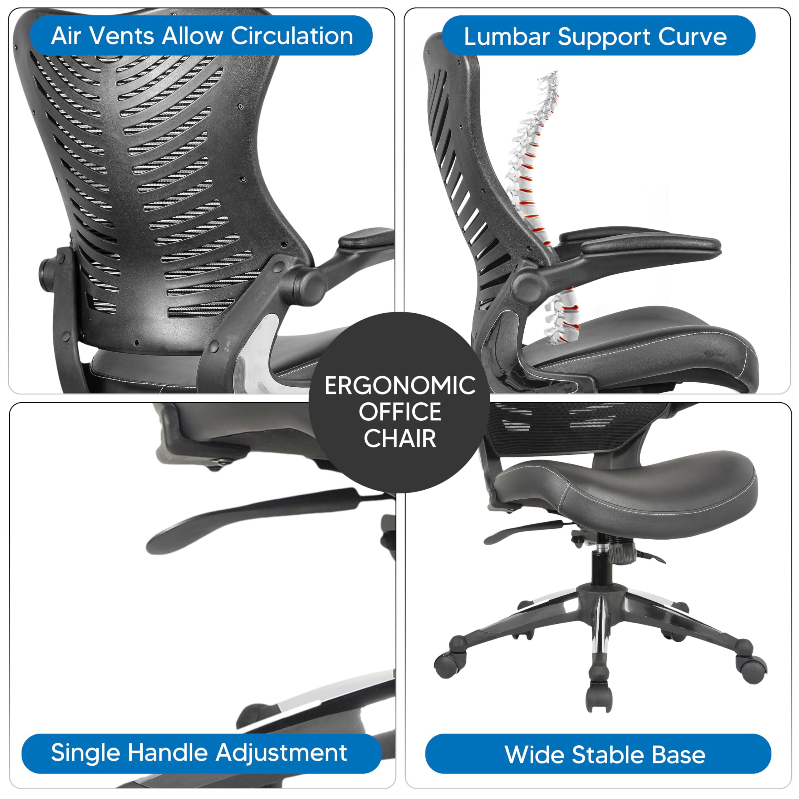 OfficeFactor Executive Ergonomic Computer Office Chair Back Mesh Bonded Leather Seat Flip-up Arms Lumbar Support Molded Foam Seat Adjustable Height Home Office Desk Chair (Black) - Image 5