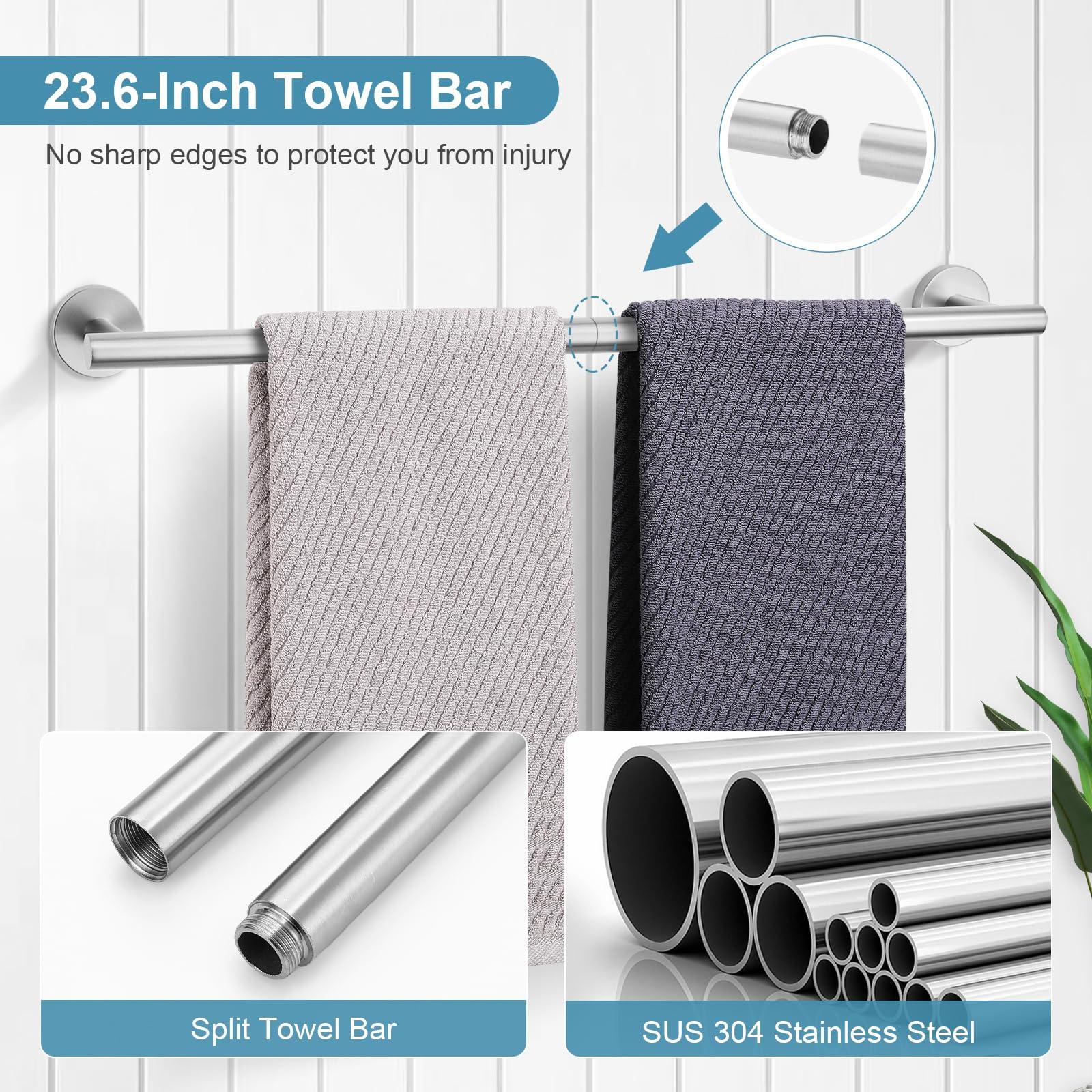 TQKAG Brushed Nickel Bathroom Hardware Set 6-Piece Bathroom Accessory Set 23.6 Inch Round Stainless Steel Towel Bar Set Wall Mounted - Image 4