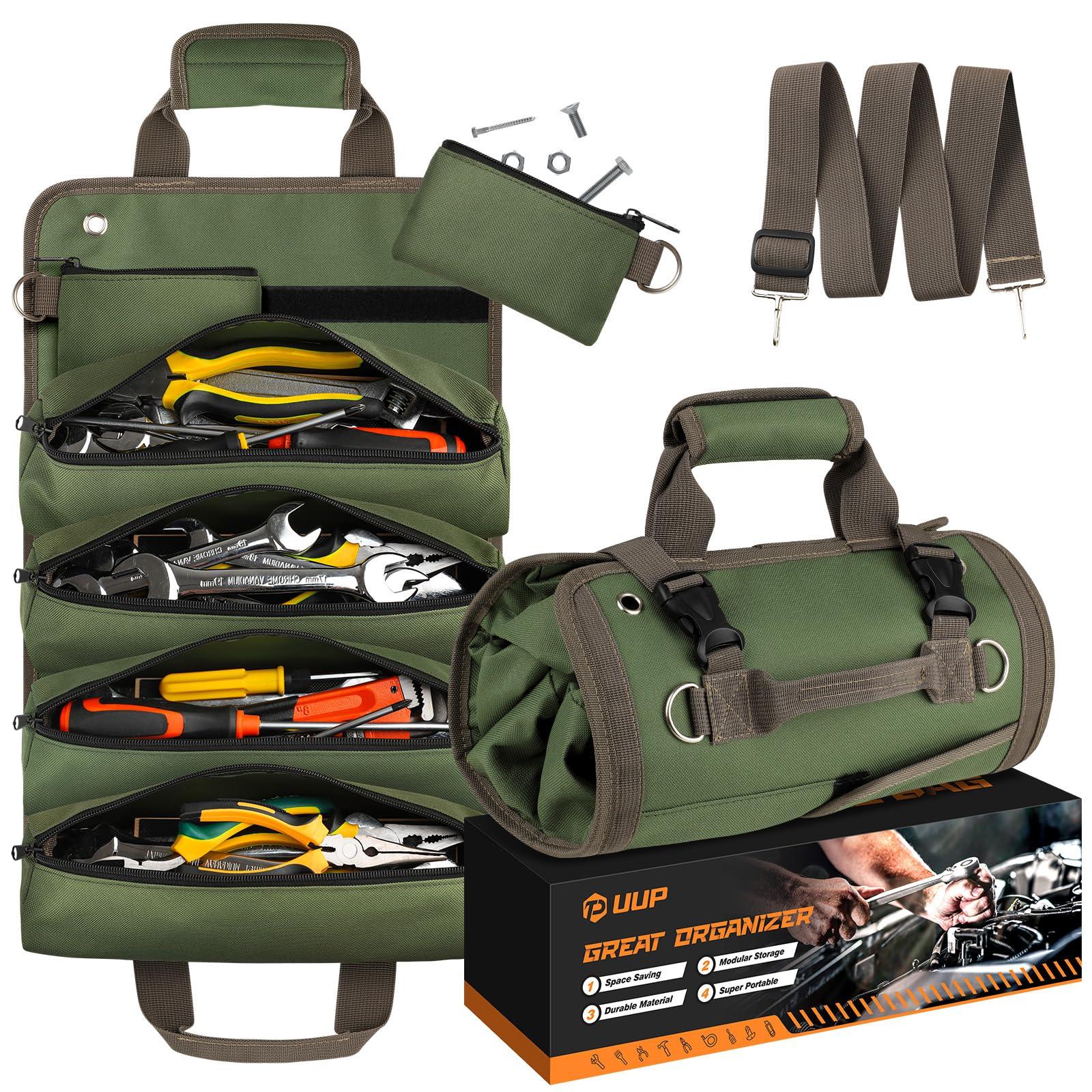 Tool Bag Roll Up, UUP Heavy Duty Rolled Empty Tool Storage Organization, Portable Foldable Rollup Organizer with 2 Small Pouches, Rollable Carrying Toolbag, Dad Men Mechanic Birthday Gifts, Army Green