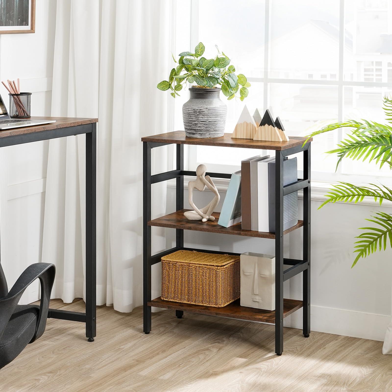 HOOBRO 3 Tier Bookshelf, 23.6"L Industrial Bookcase, Record Storage Rack with Side Fence, Wood Storage Shelf with Metal Frame, Rustic Open Display Shelf for Living Room, Bedroom, Rustic Brown BF86CJ01 - Image 4