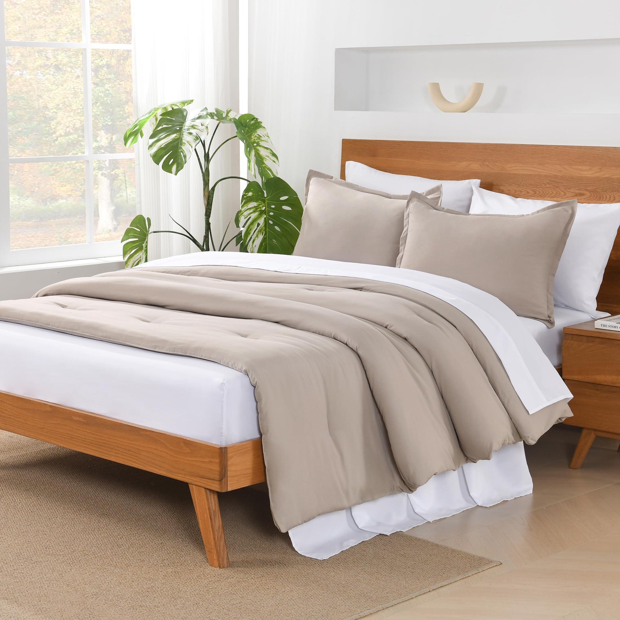 Andency Queen Comforter Set - 7 Pieces Bed in a Bag Queen Bedding Comforter Sets Oatmeal, Winter Solid Soft Lightweight Comforter with Fitted Sheets, Flat Sheets, Pillowcases & Shams - Image 7