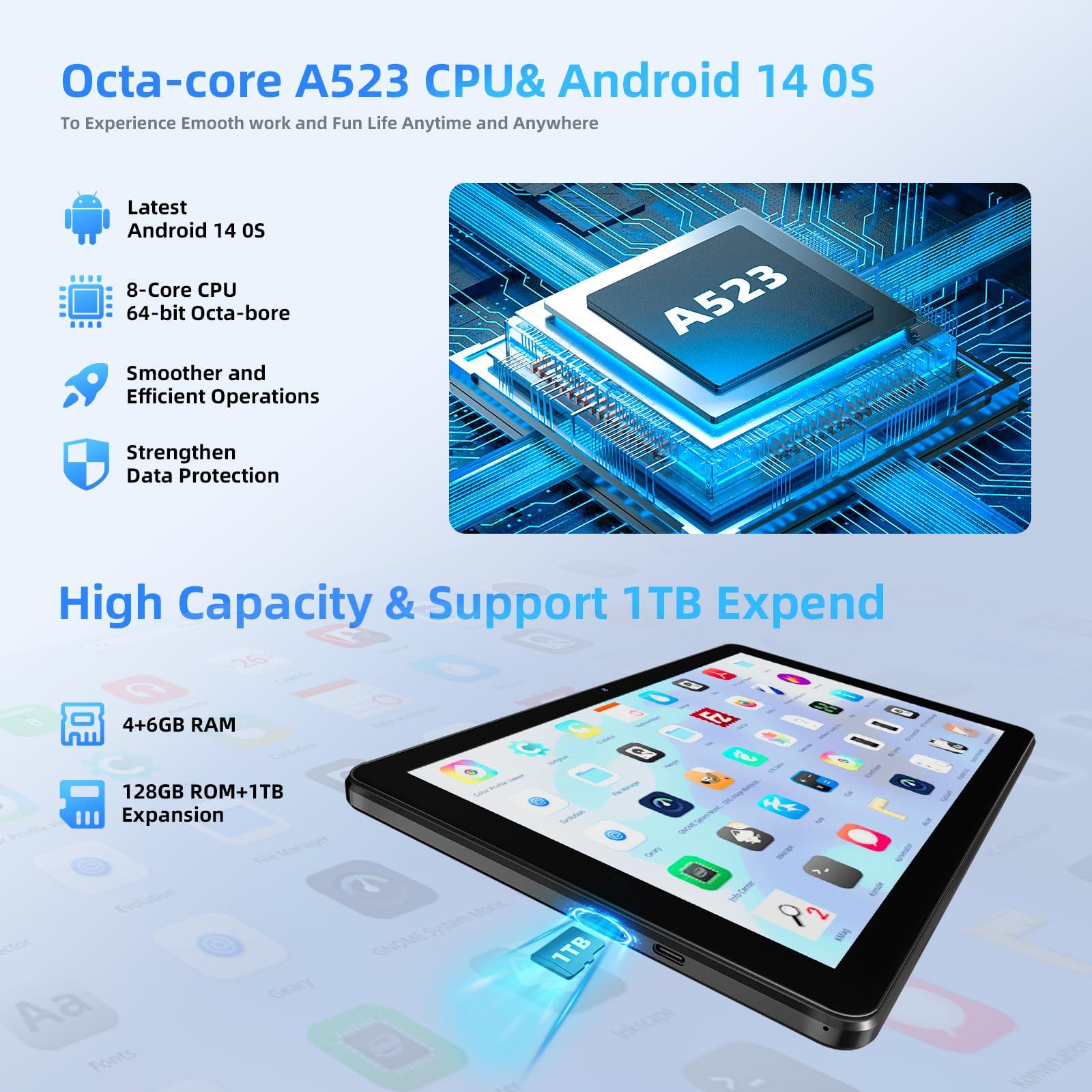 2024 New Tablet 10 inch Android 14 Tablets, 10(4+6)GB RAM+128GB ROM+1TB Expand, Octa-Core 2.0GHz, 1280 * 800 IPS Incell Display, 6000mAh, 5MP+8MP Camera, 5G+2.4G Wi-Fi/Bluetooth 5.4, Widevine L1 - Image 2